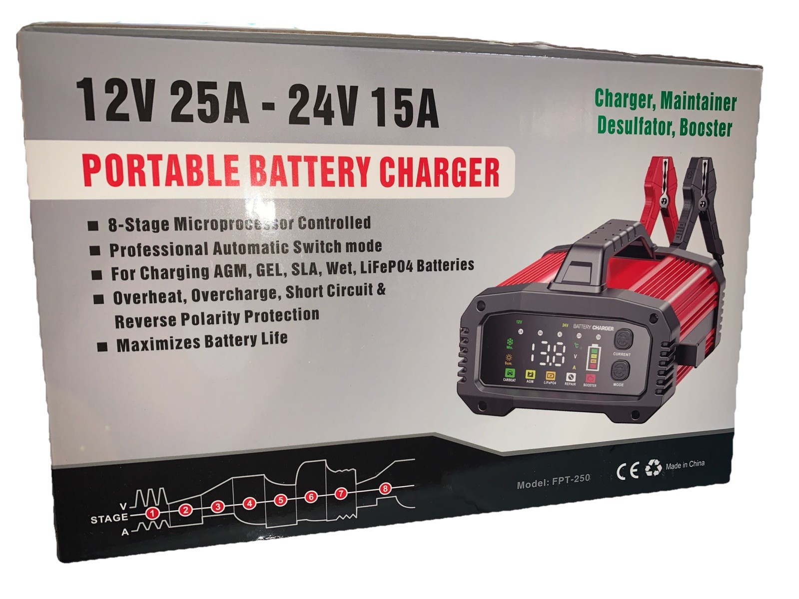 Fully Automatic Battery Charger, 25A 2/8/20/25 Amp 12V/24V LiFePO4 Lead Acid