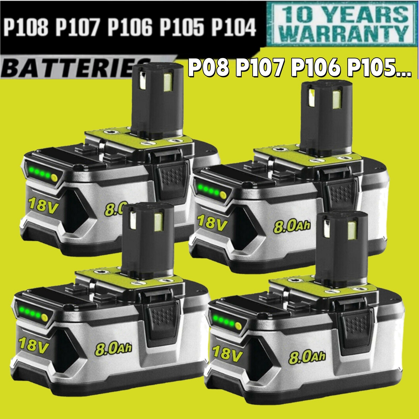 4PACK 8.0Ah For RYOBI 18V Battery One Plus High Capacity P108 Lithium-Ion P102