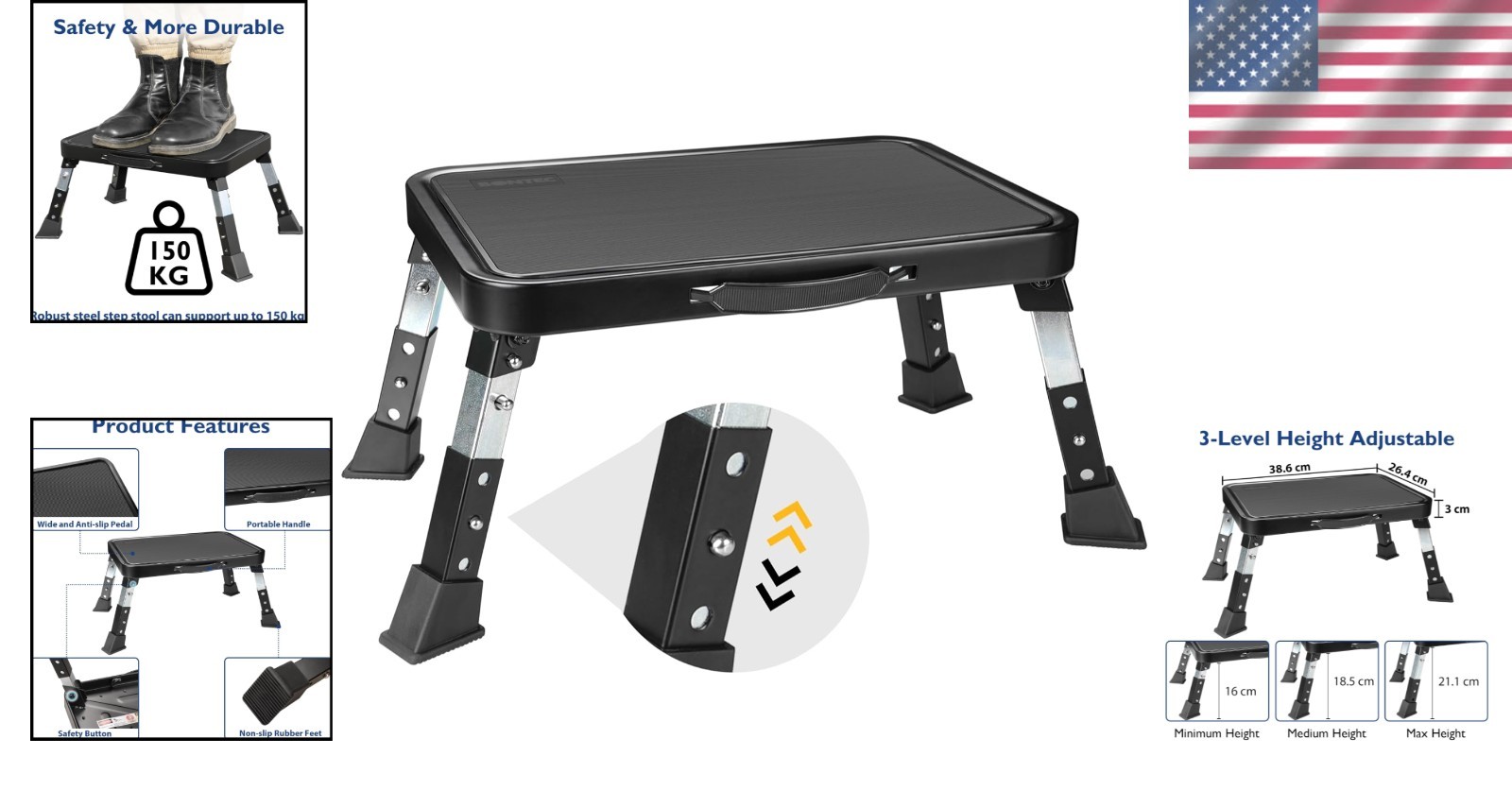 Compact Heavy Duty Step Stool with Adjustable Height & Slip Resistance