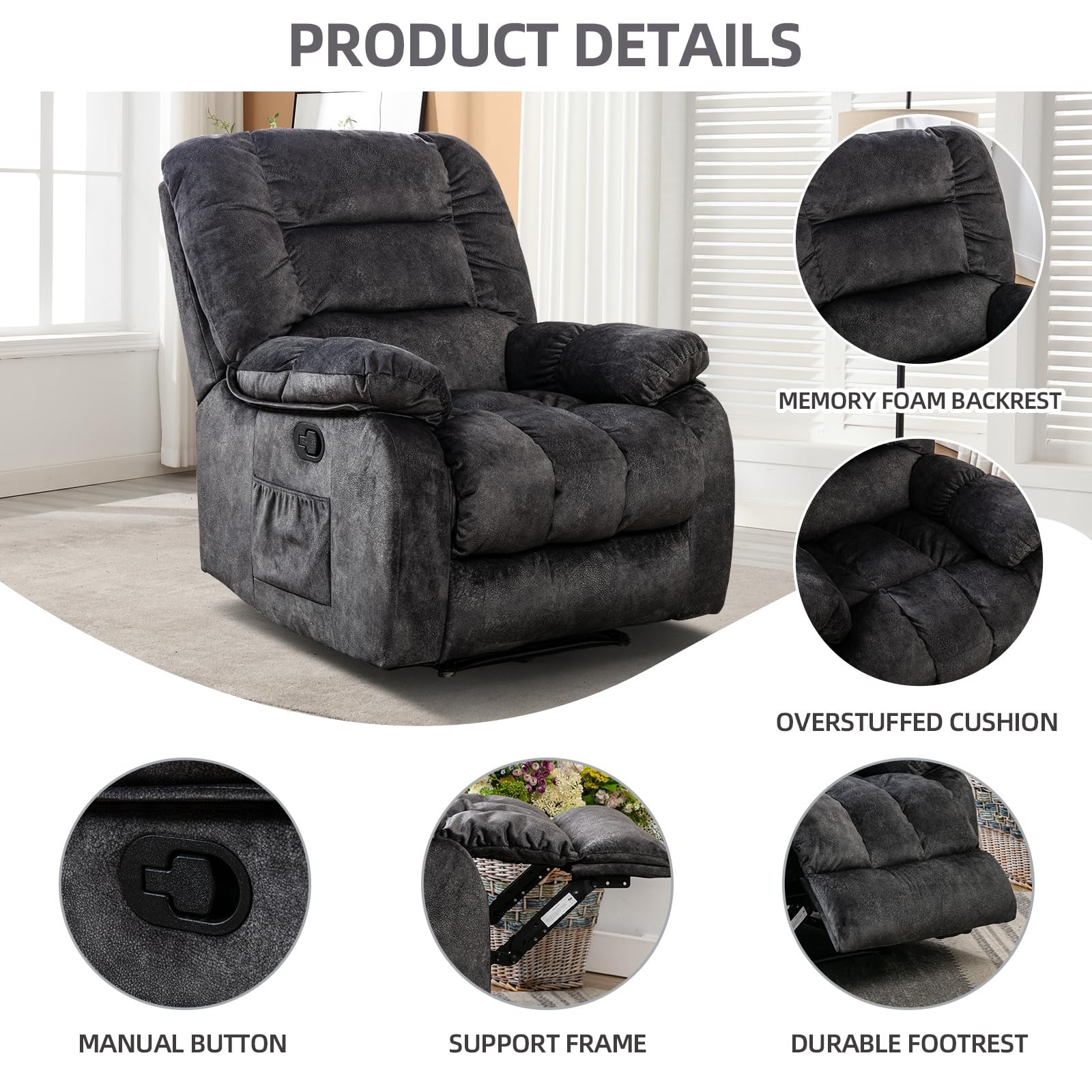 Canmov Manual Recliner Chair with Vibration Massage and Heat, Soft Fabric Chair
