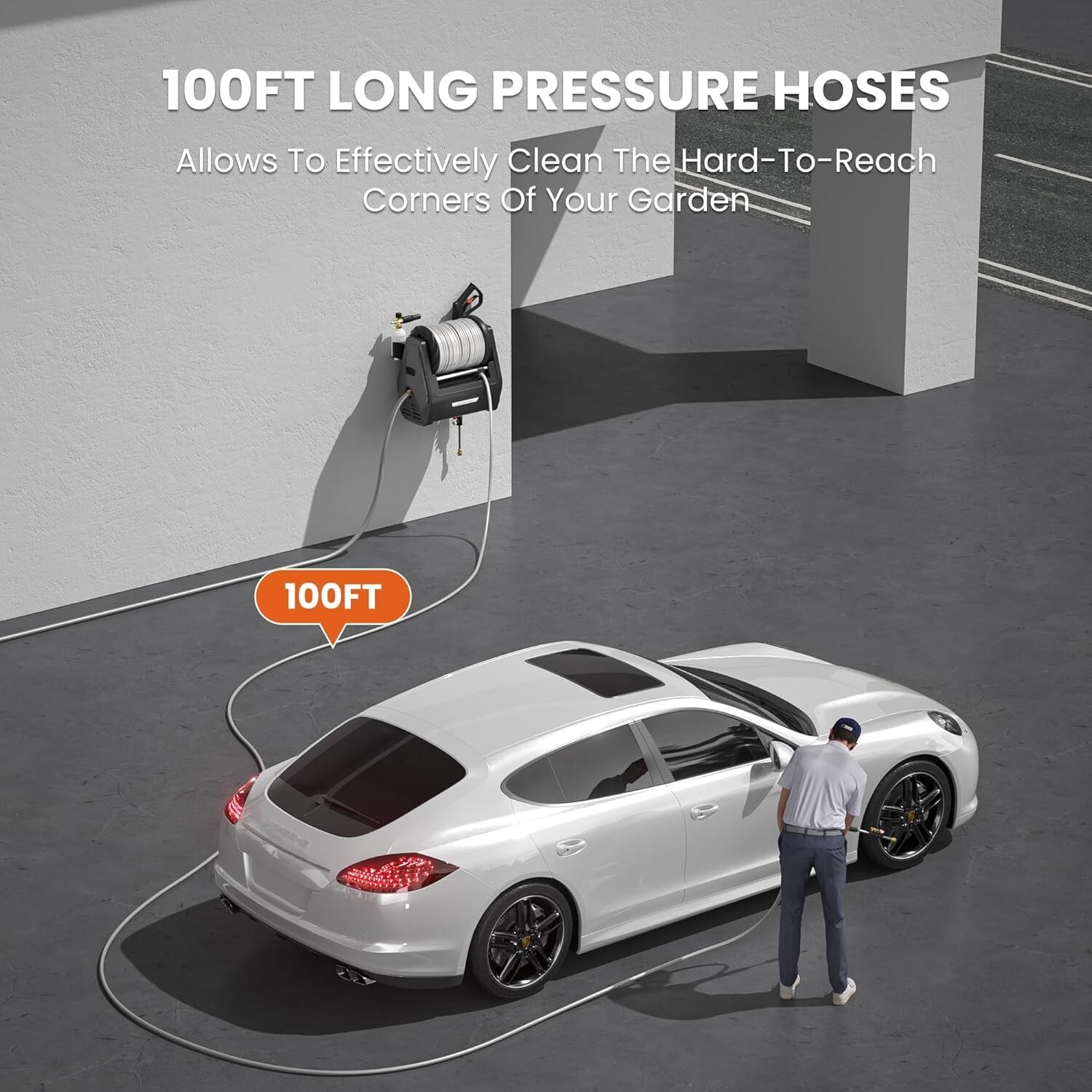 Electric Pressure Washer Wall Mount Max 2900 PSI, Ultra-Soft Hose 100FT, Plus+