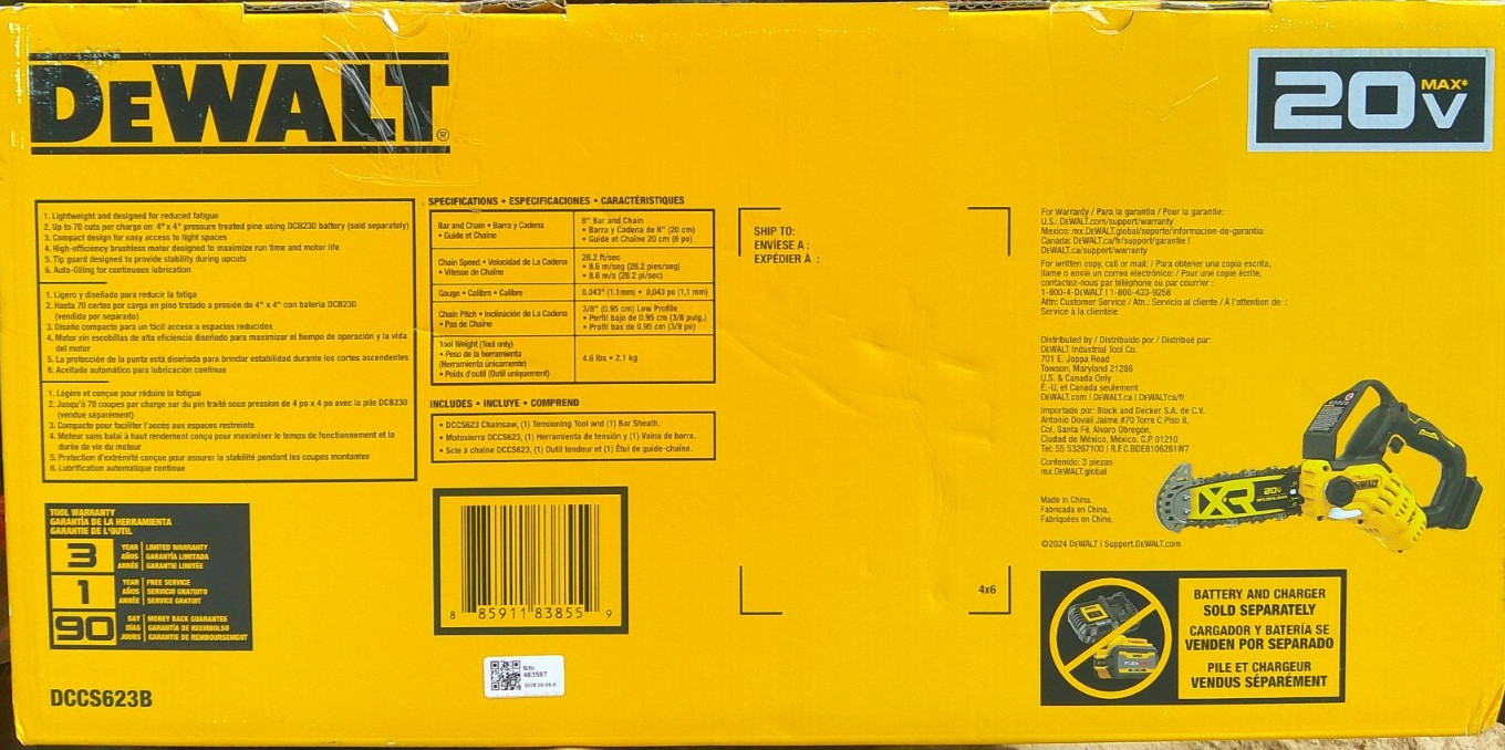 DeWalt DCCS623B 20V MAX 8″ Brushless Cordless Pruning Chainsaw 2026