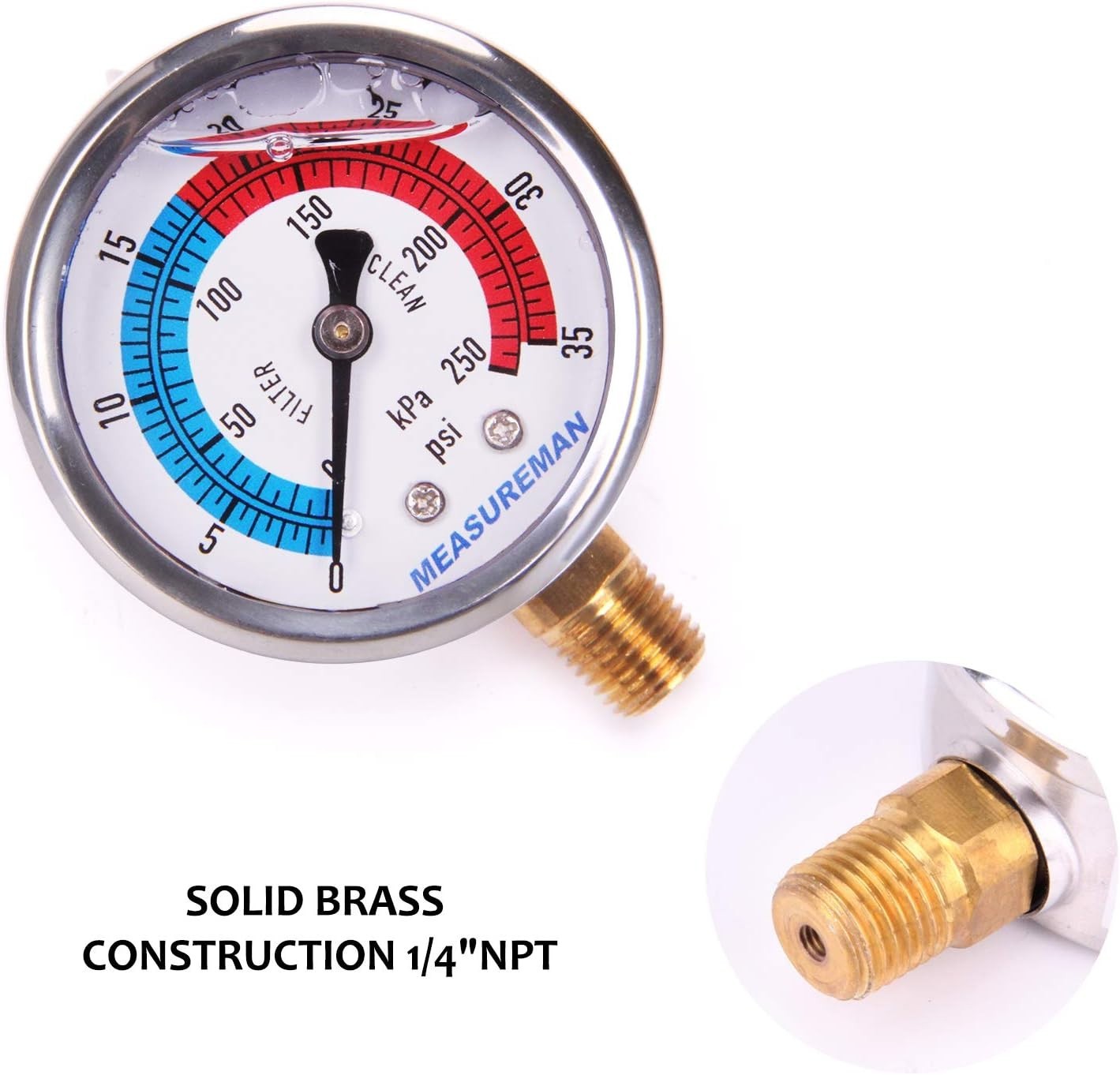 Stainless Steel Pool Filter Pressure Gauge 2″ Dial 0-35psi NPT Mount