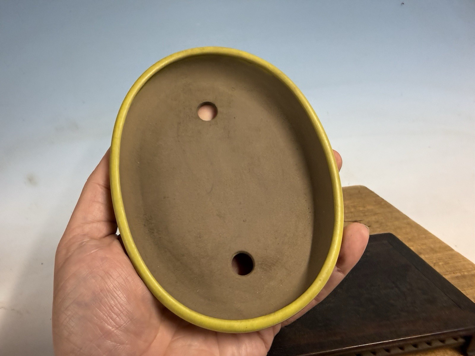 Japanese Unknown Maker Shohin Bonsai Tree Pot 6 1/8” Yellow Glaze