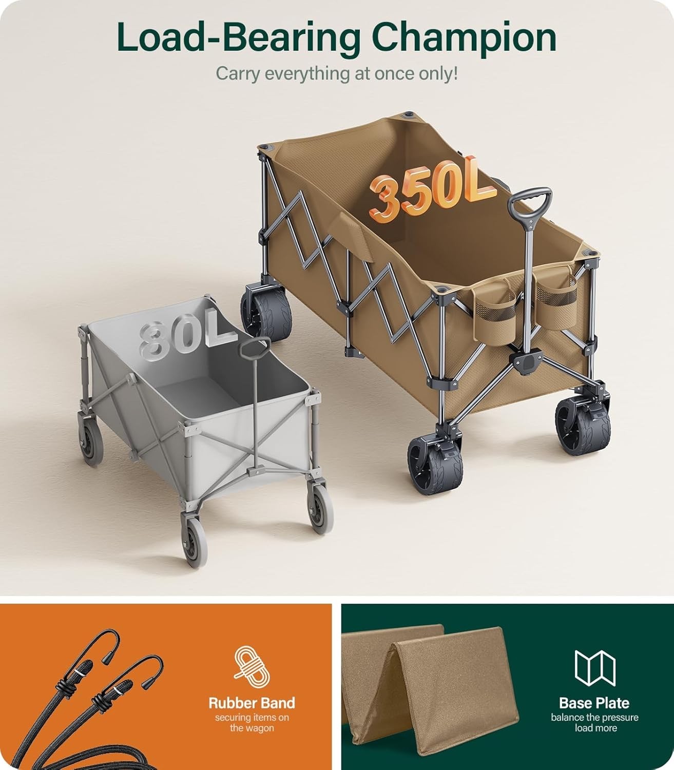 Heavy Duty Collapsible Folding Wagon Beach Wagon Cart Utility Grocery Cart-Brown
