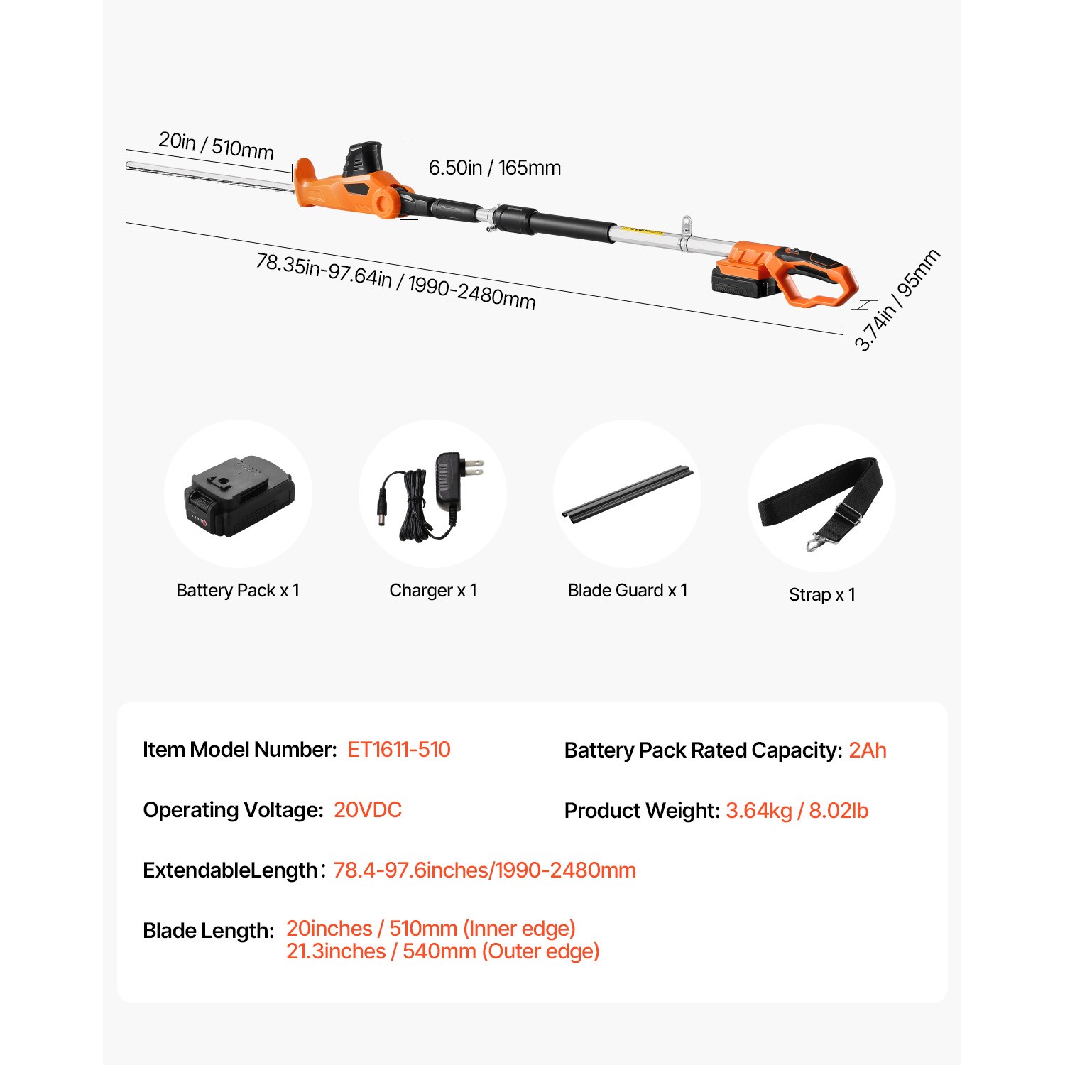 Electric Hedge Trimmer 20V 1200RMP with 20in Blade Extendable Trimmer
