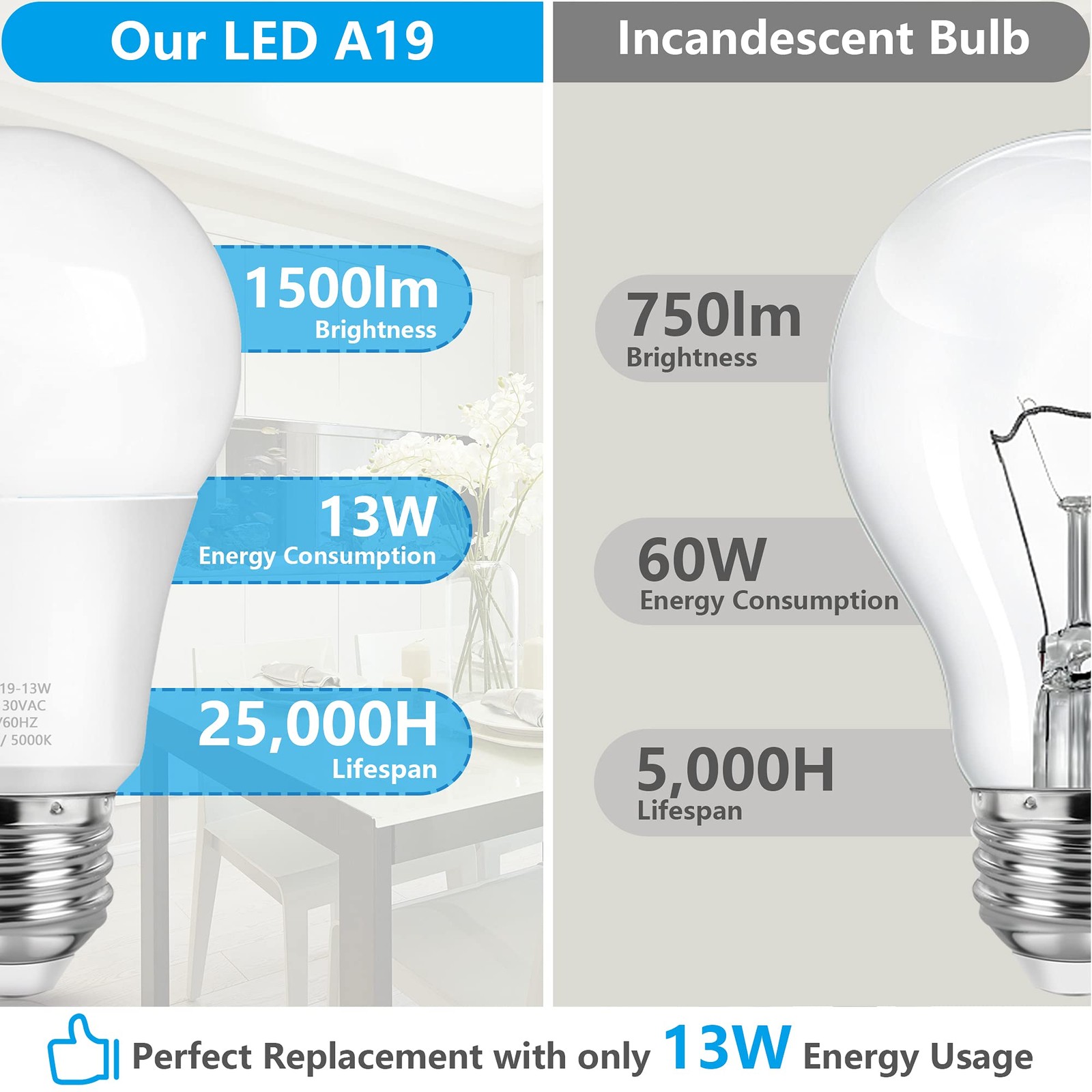 A19 LED Light Bulbs, 100 Watt Equivalent LED Bulbs, Daylight White 5000K, 1500LM