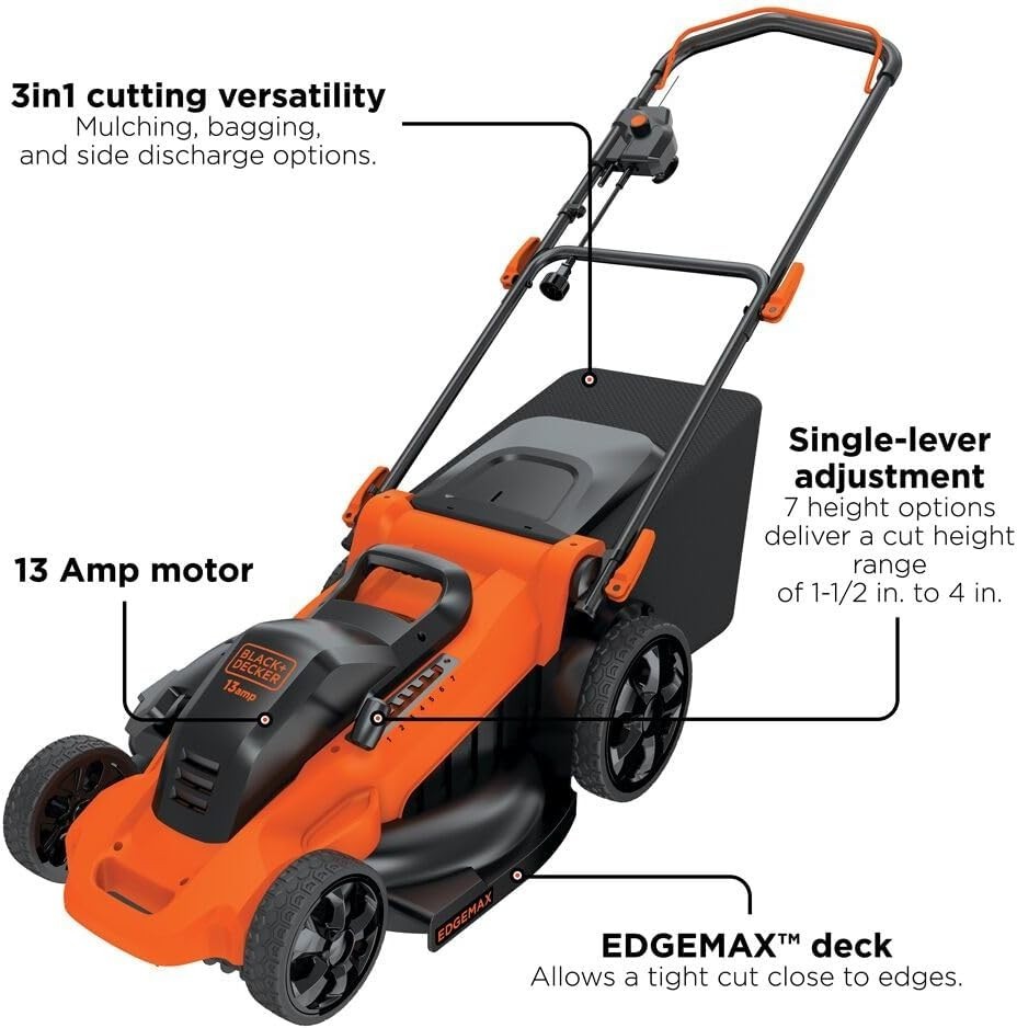 20-Inch Corded Electric Lawn Mower, Ultra Light Push Mower, 13-Amp High Output M