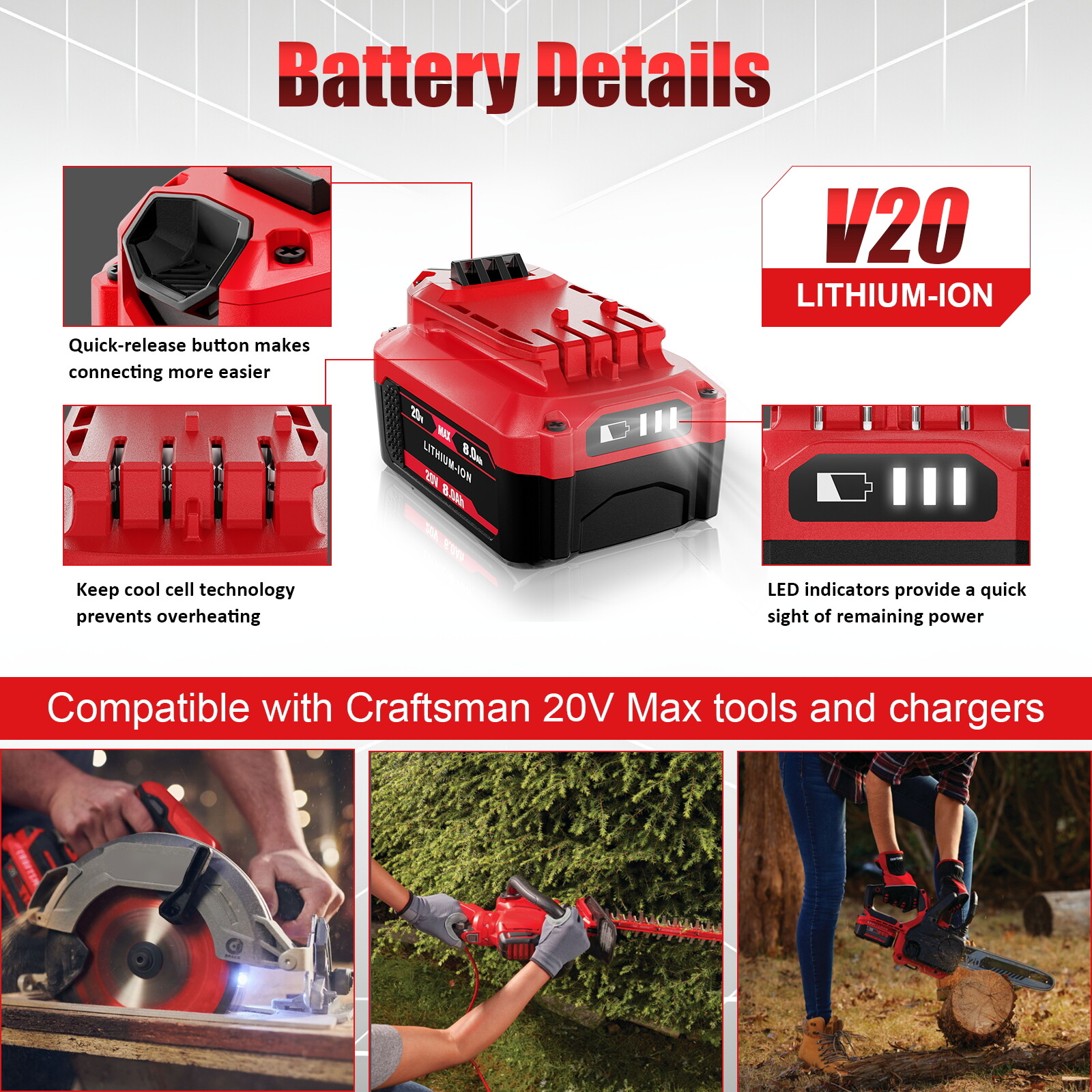 For Craftsman V20 Battery 20 Volt 8.0Ah Lithium Ion 20V CMCB205 CMCB204 CMCB202
