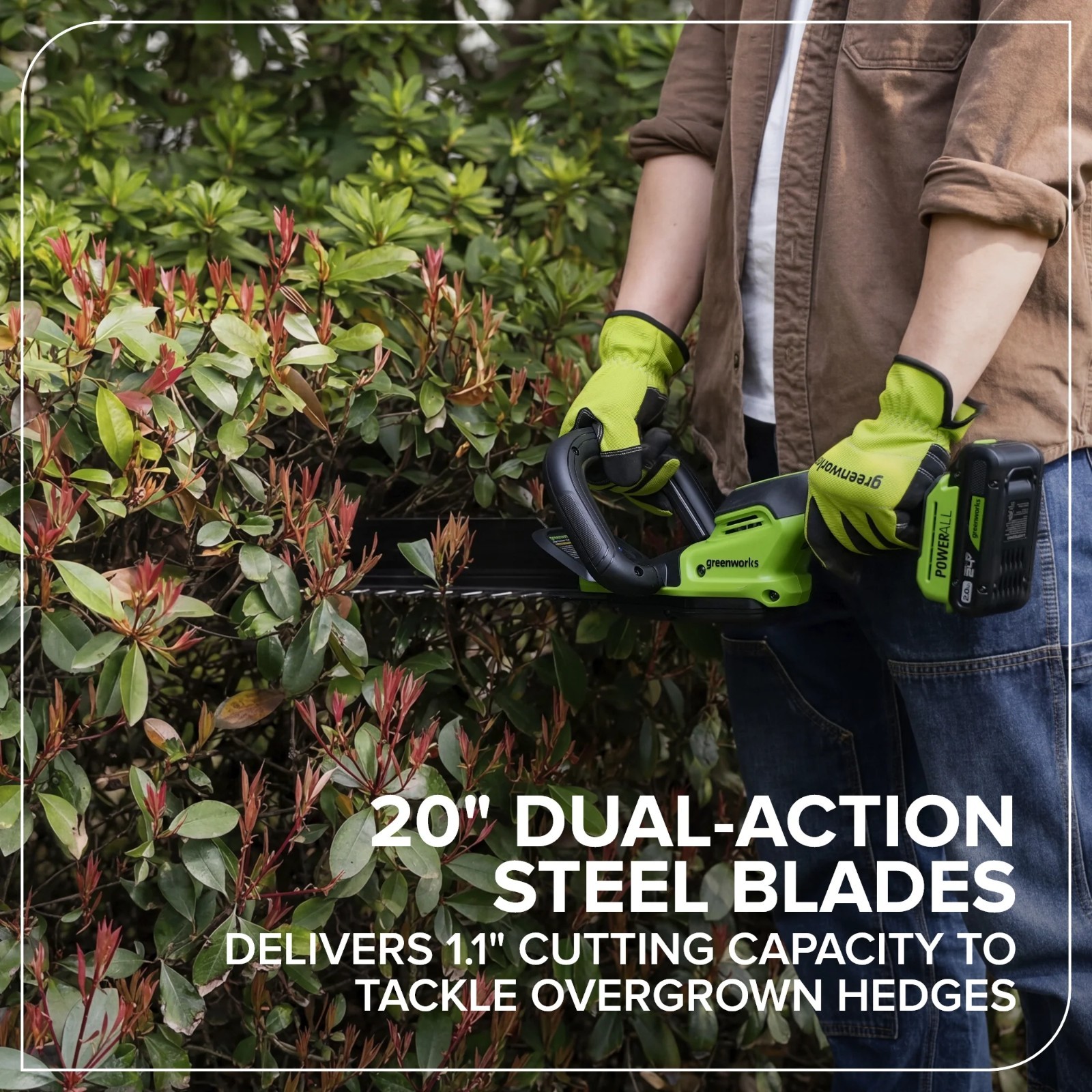 Greenworks 24V 20″ Brushless Hedge Trimmer (1″ Cutting Capacity) w/2Ah Battery