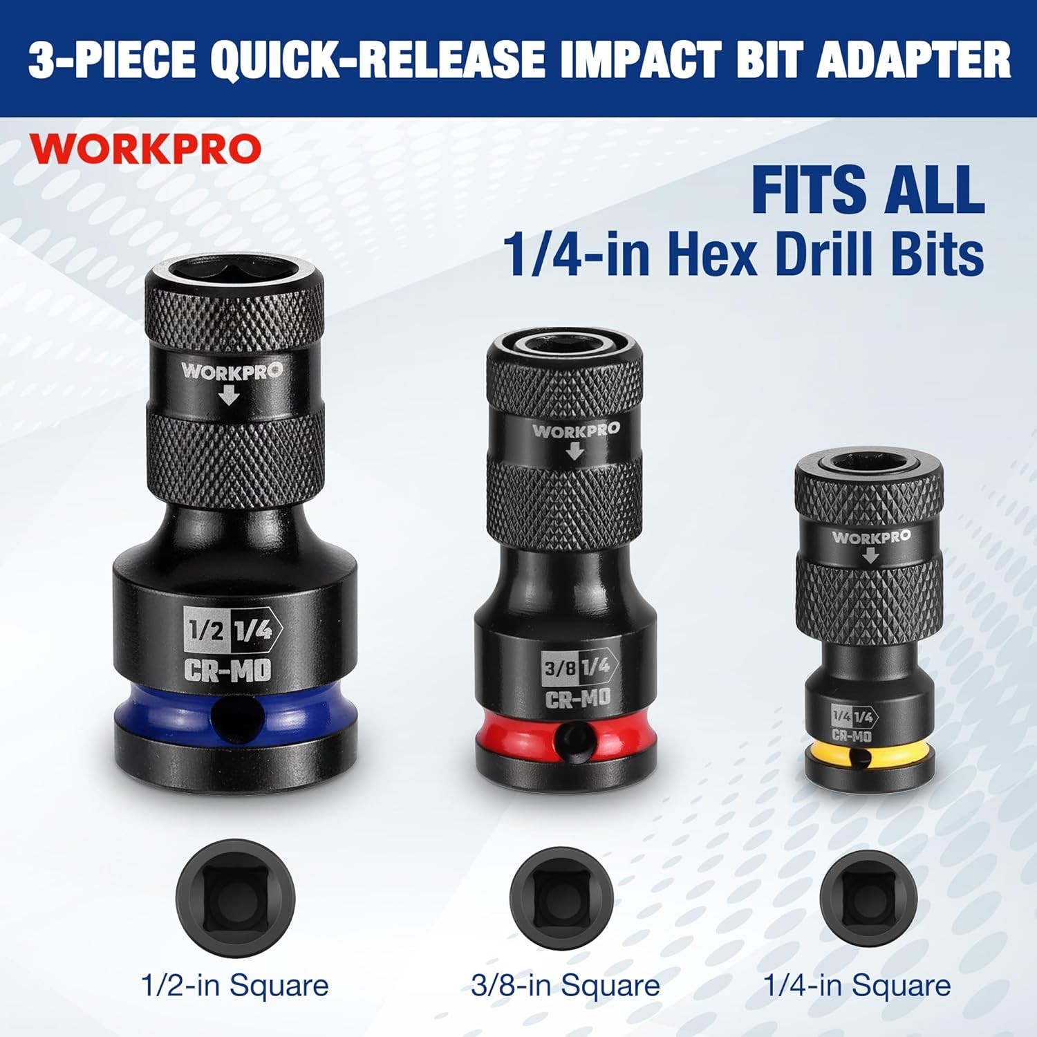 WORKPRO 1/2″ 3/8″ 1/4inch Quick Release Hex Impact Socket Adapter Bit Holder Set