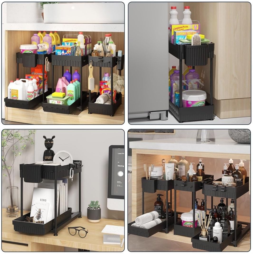 3 Pack under Sink Organizers,2-Tier Multi-Use Kitchen and Bathroom Organizers an