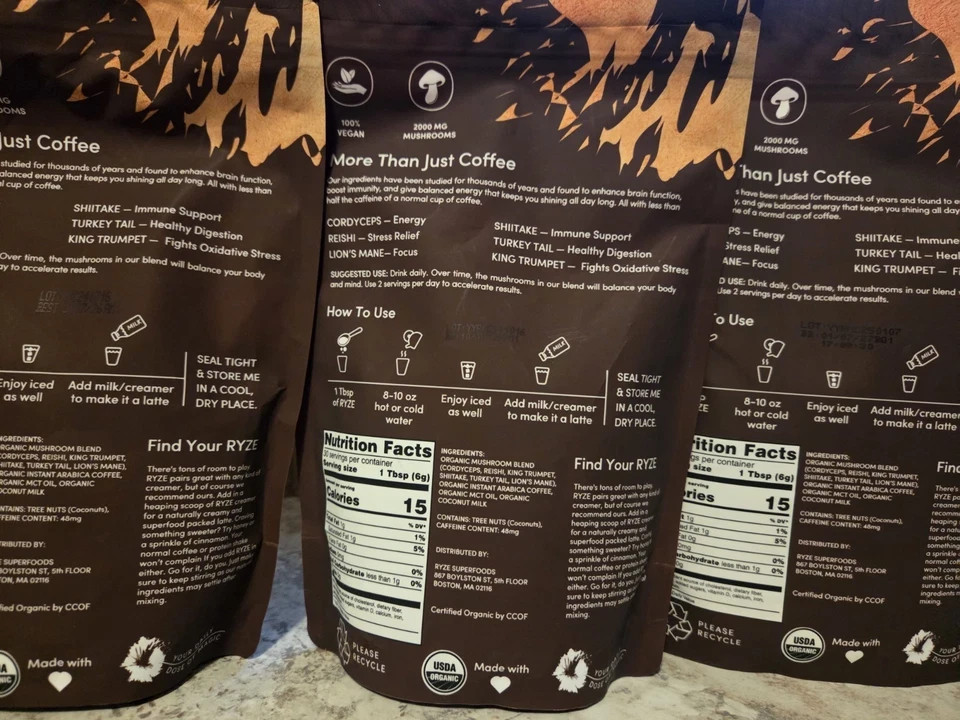 RYSE Organic Mushroom Coffee – 3-Pack, 30 Servings per Box