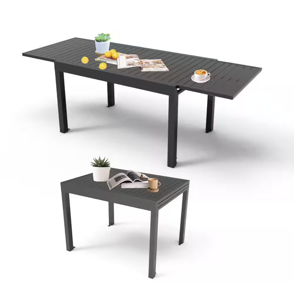 Dark Brown Rectangular Aluminum Outdoor Dining Table Withextension 35 In. to 71