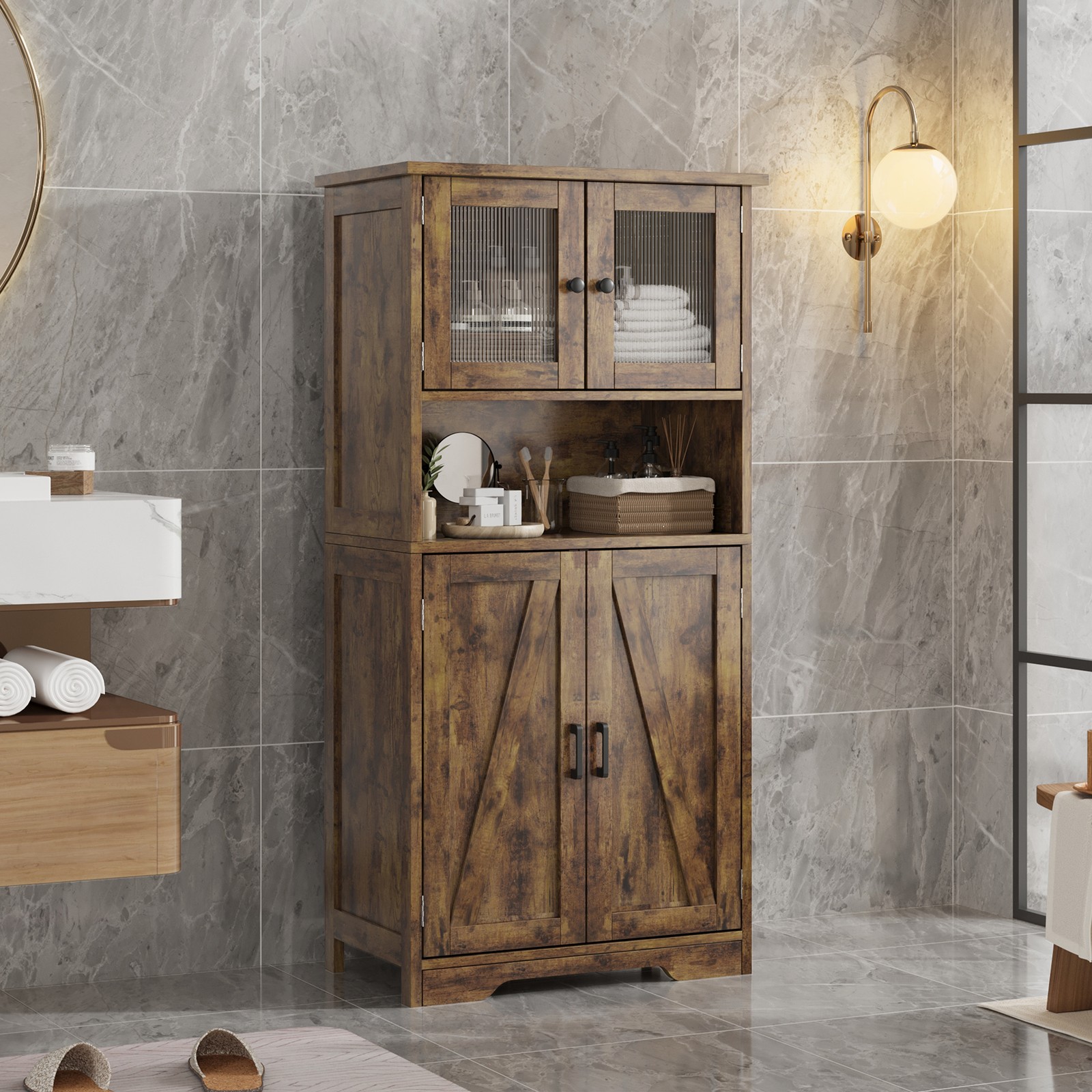 Storage Cabinet with Glass Doors & Adjustable Shelves, Kitchen Pantry Cabinet