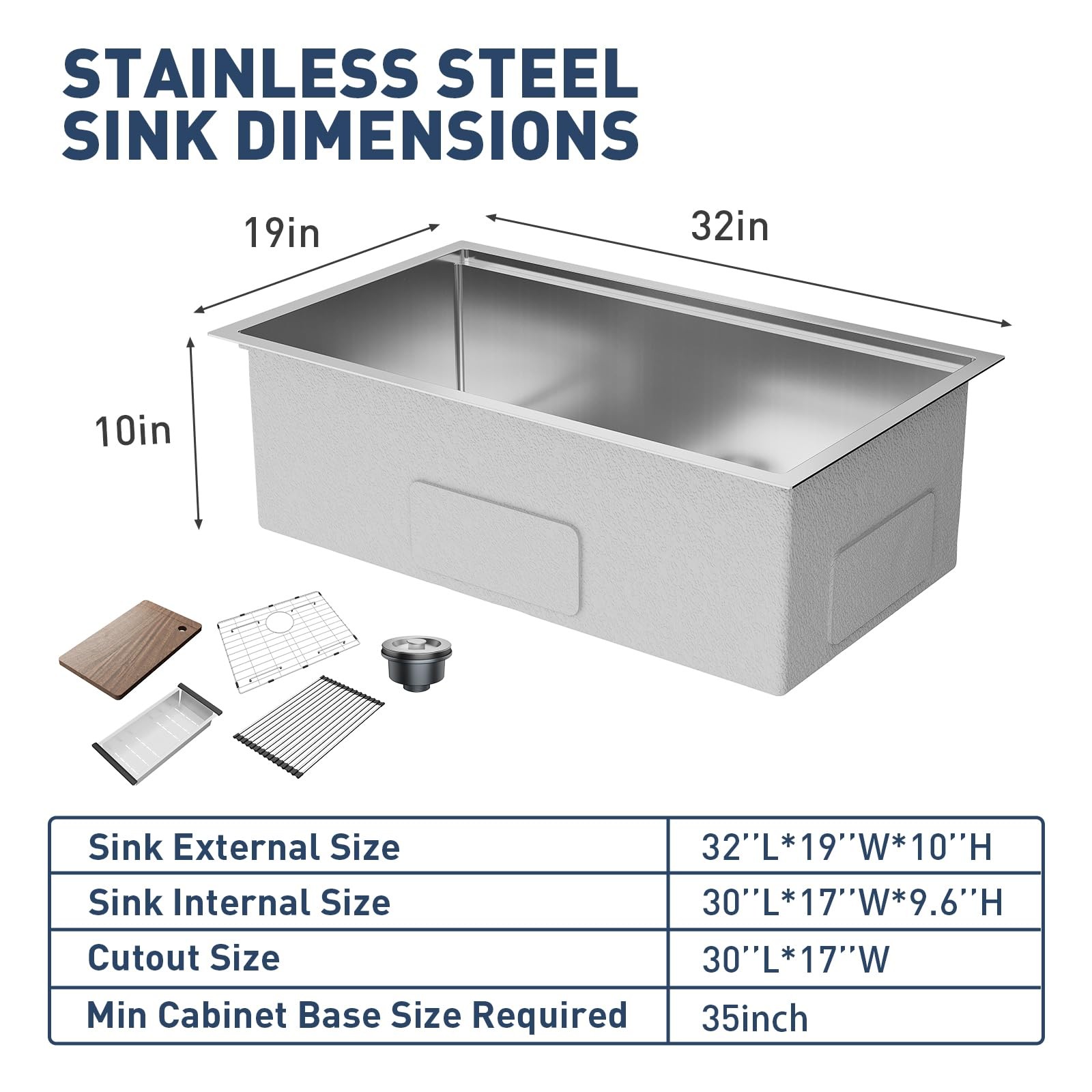 Undermount Kitchen Sink ,32x19x10″ Stainless Steel Single Bowl Sink Workstation