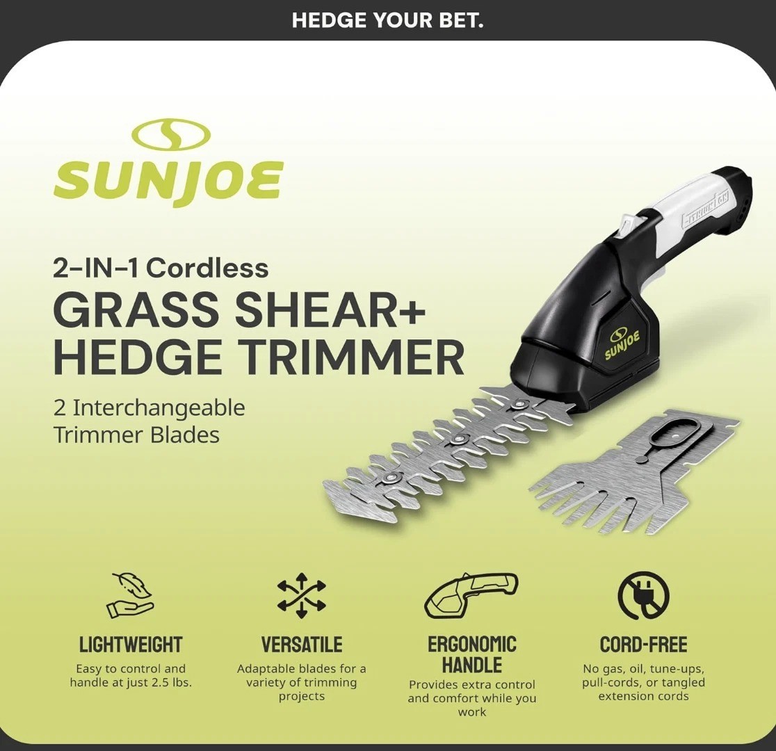Sun Joe 2-in-1 Cordless Grass Shear+Shrubber Handheld Trimmer-7.2V (Refurbished)