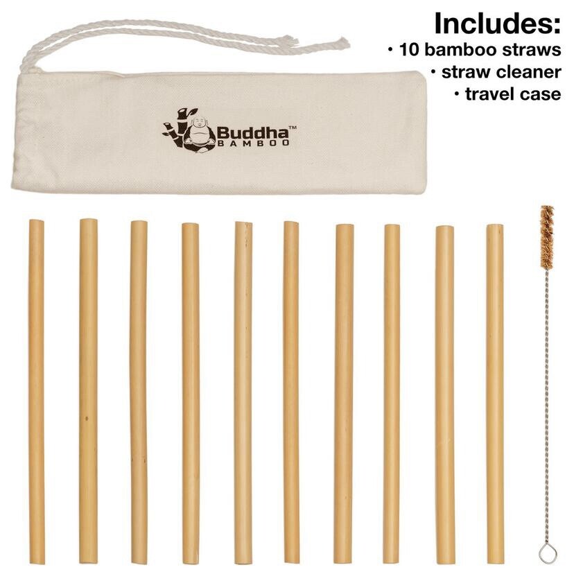 Buddha Bamboo Reusable Drinking Straws 10 Pack Cleaner+Case Smoothie Boba