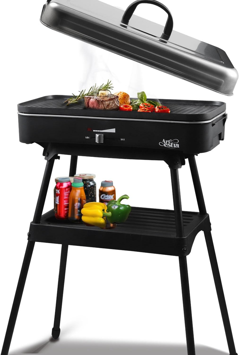 1800W Electric Grill, Indoor Outdoor BBQ Grill with Stand, Adjustable Temperatur