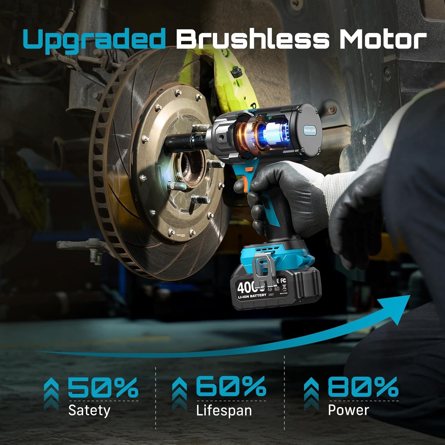 SEESII 1/2″ Impact Wrench Cordless 1180 Ft-lb Auxiliary Handle 2X4000MAH 2300RPM
