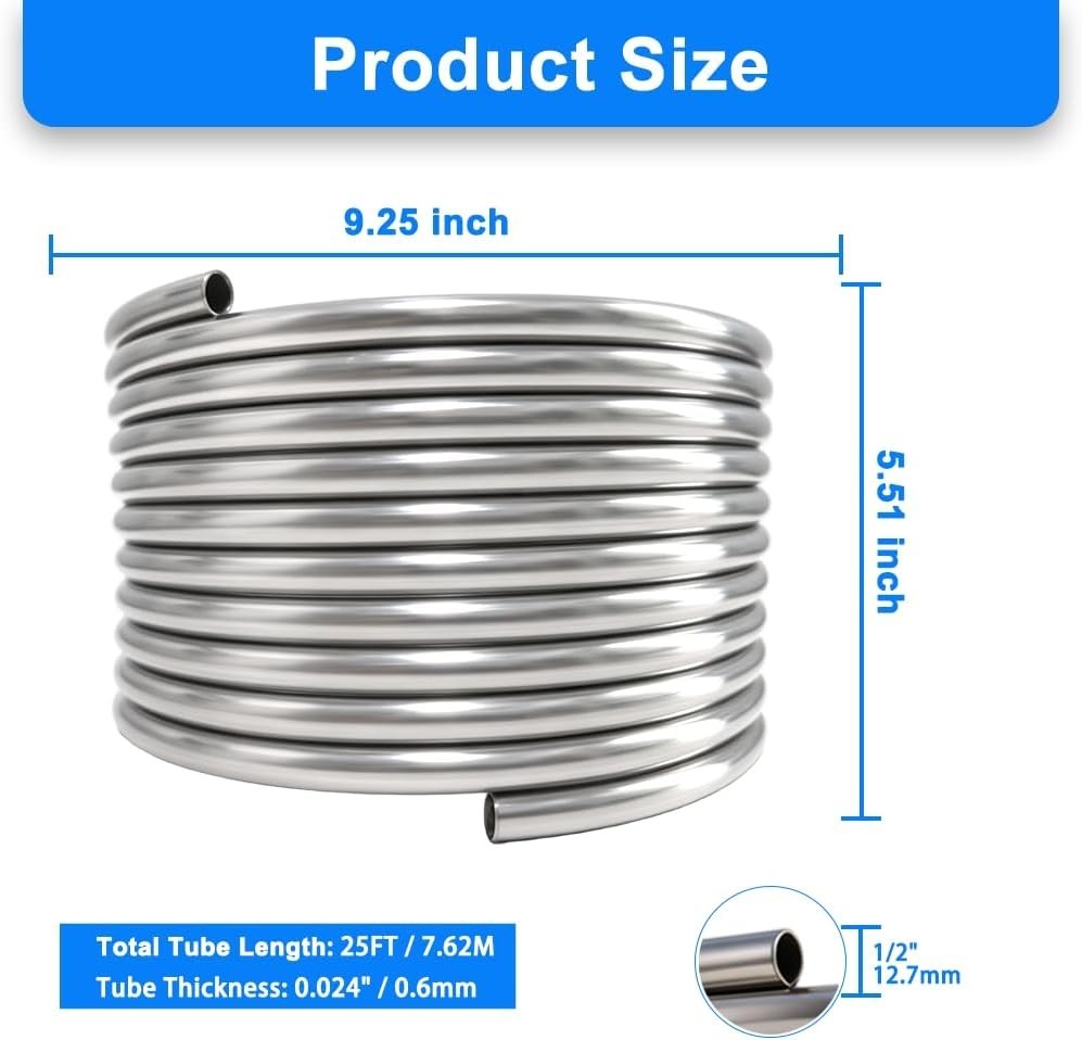 1/2″ x 25Ft 304 Stainless Steel Tubing Coil, Food Grade Welded Immersion Wort Ch