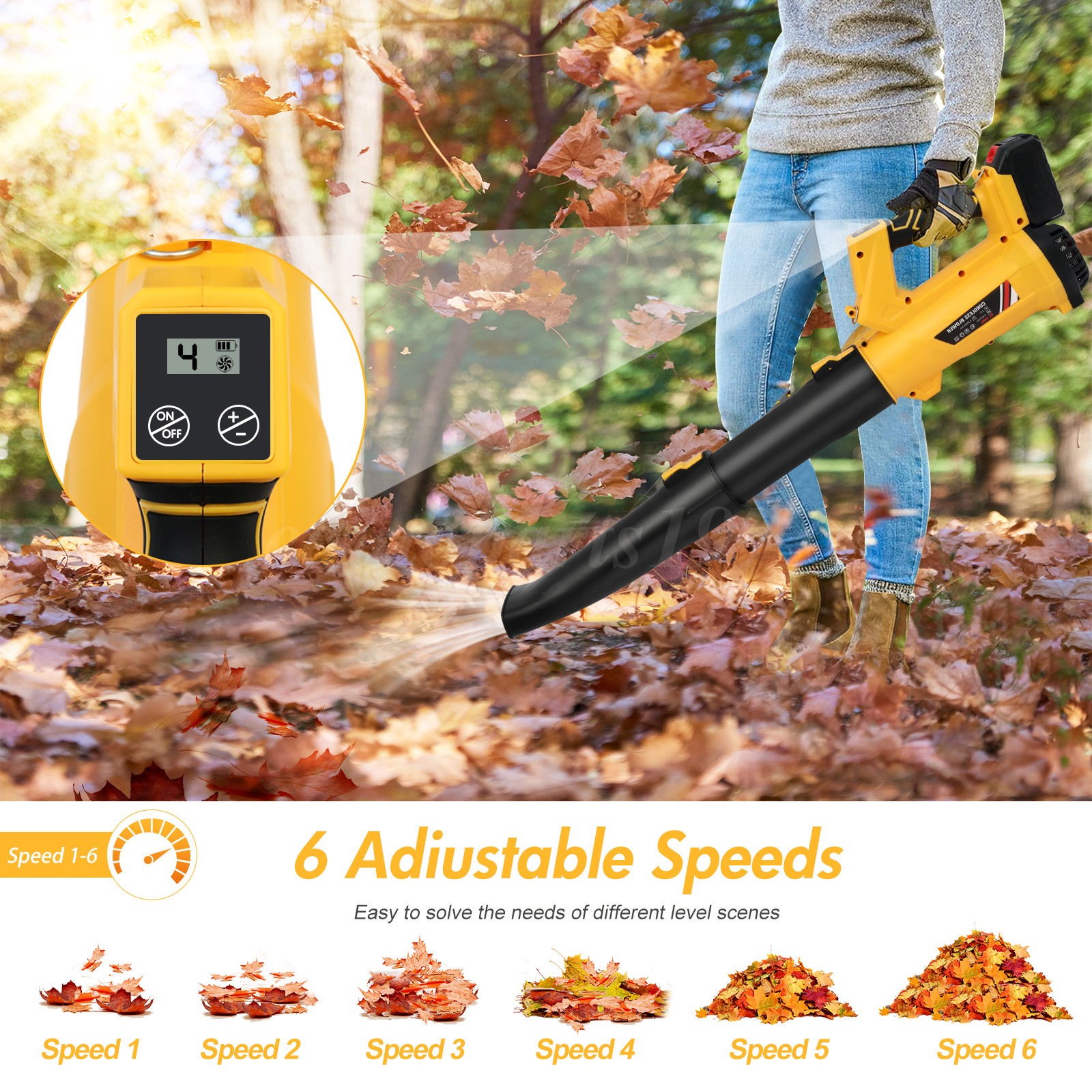 21V Cordless Leaf Blower,6-Speed Adjustment & LCD Display 650CFM/280MPH Velocity