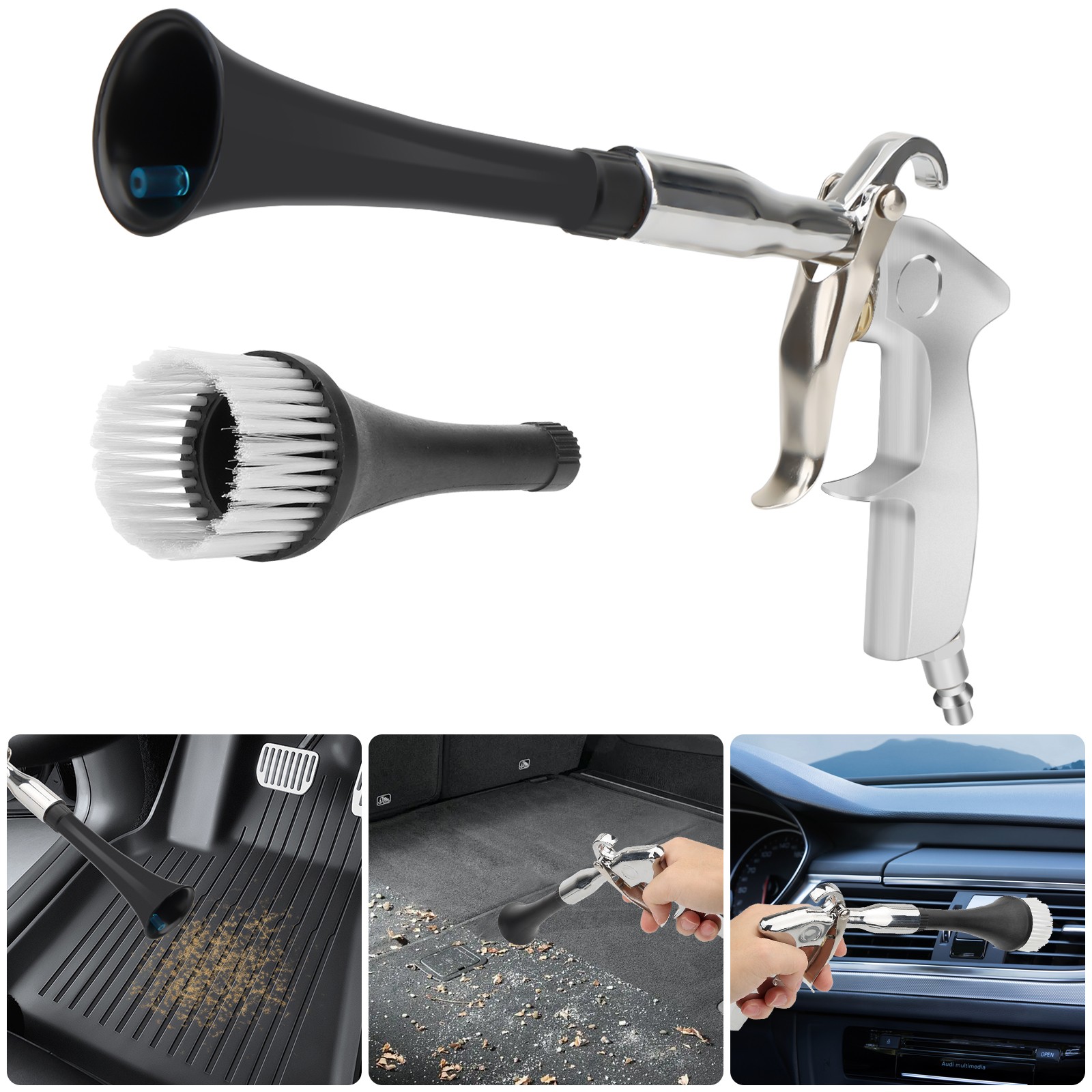 3PCS Car Cleaning Gun Air Blower Tool for Carpet High Pressure w/ Trumpet Nozzle