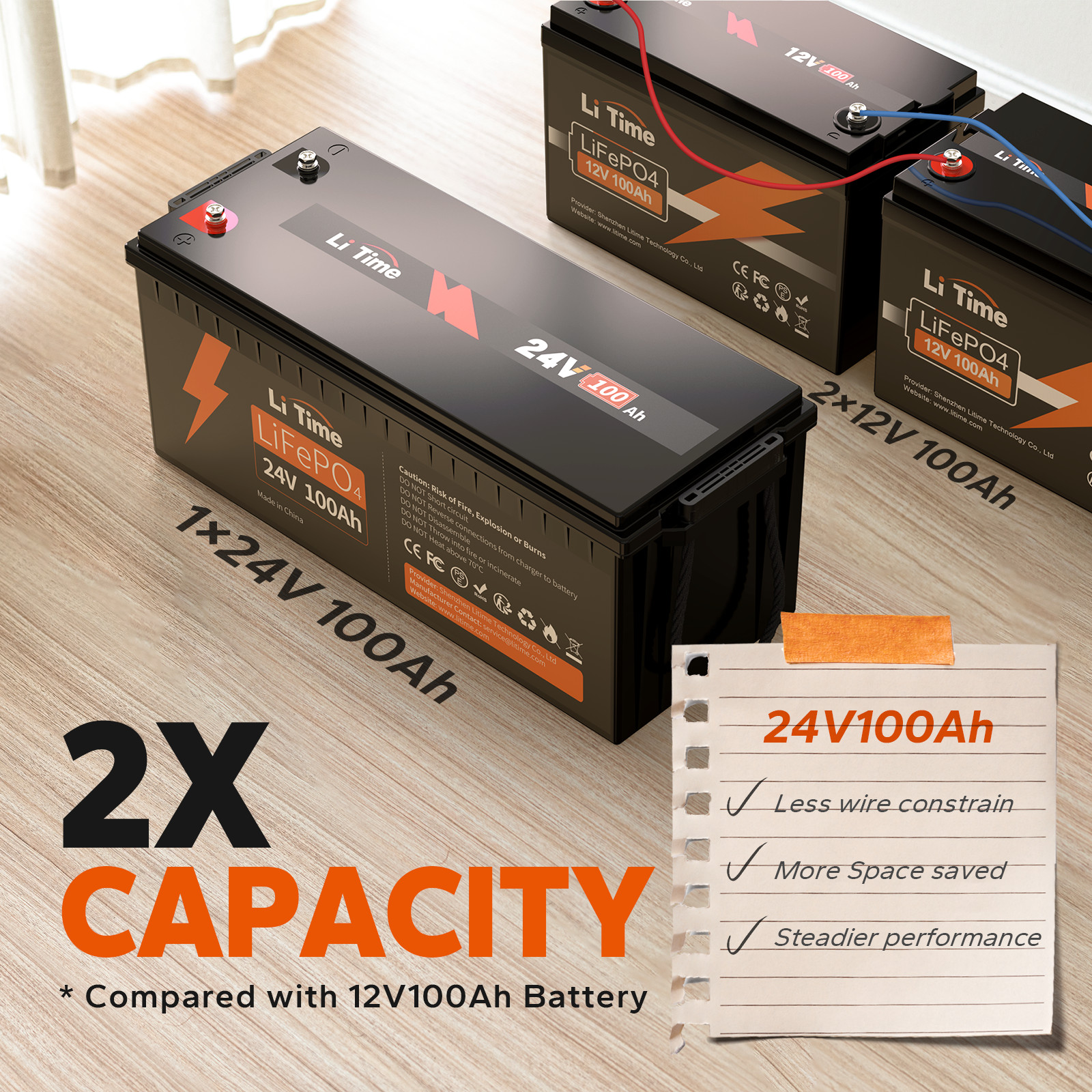 Litime 24V 100Ah LiFePO4 Lithium Battery 2.56kWh for RV Off-grid Solar Marine
