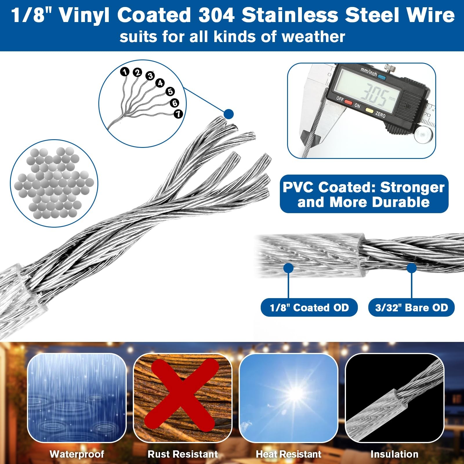220FT 1/8″ Wire Rope Kit – 304 Stainless Steel Cable with 3MM*67M, Silver