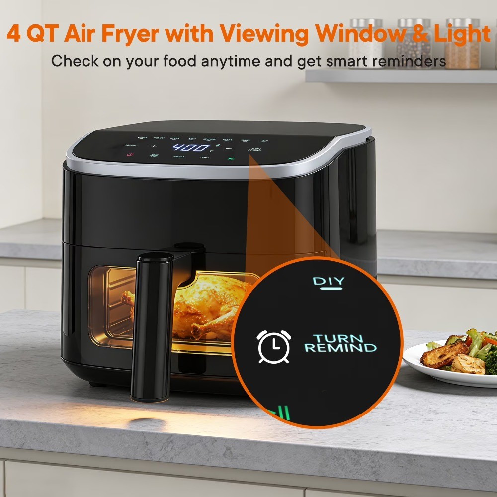 4 Qt Compact Air Fryer, 4-in-1 Cooking Functions, Dishwasher-Safe Parts, Black