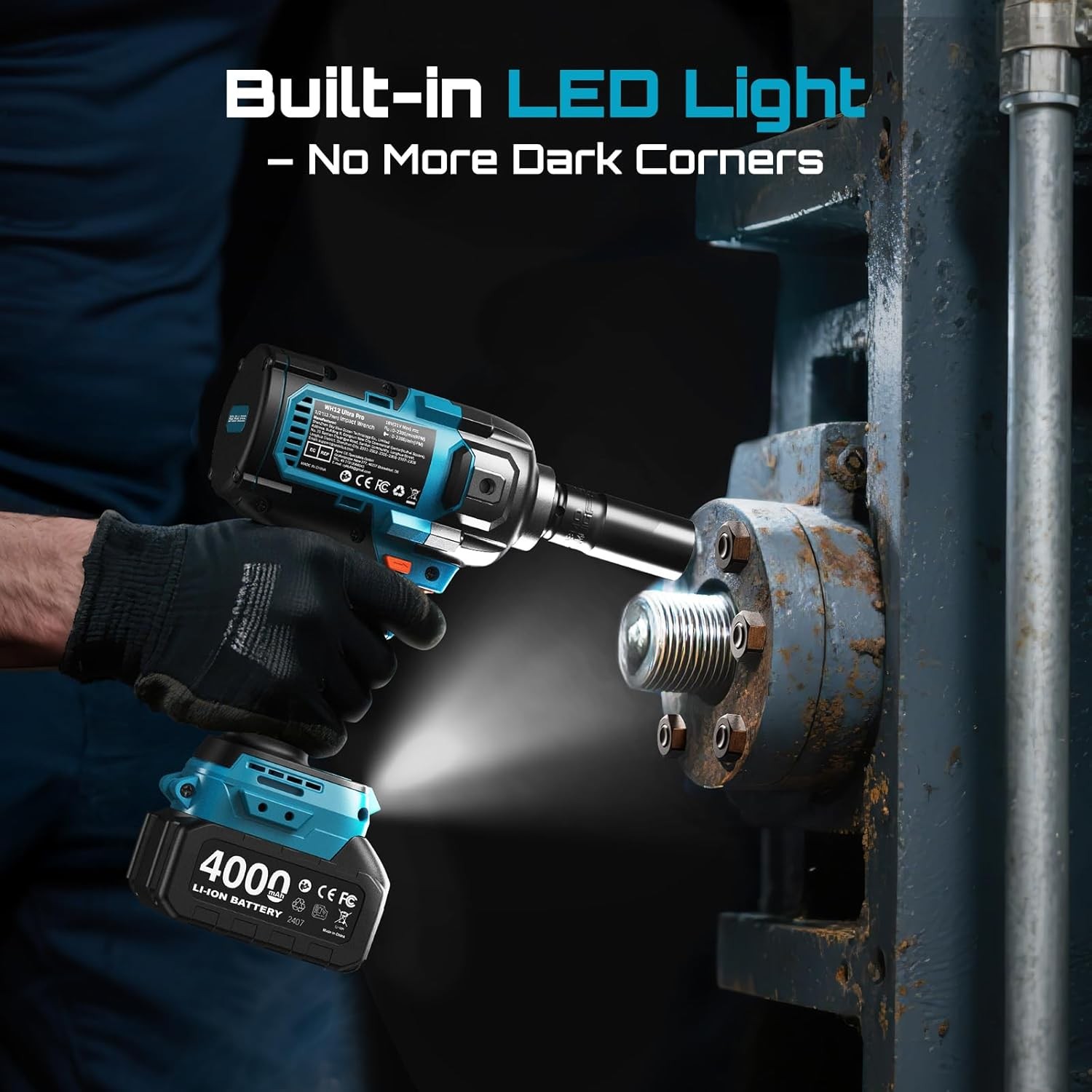 SEESII 1/2″ Impact Wrench Cordless 1180 Ft-lb Auxiliary Handle 2X4000MAH 2300RPM
