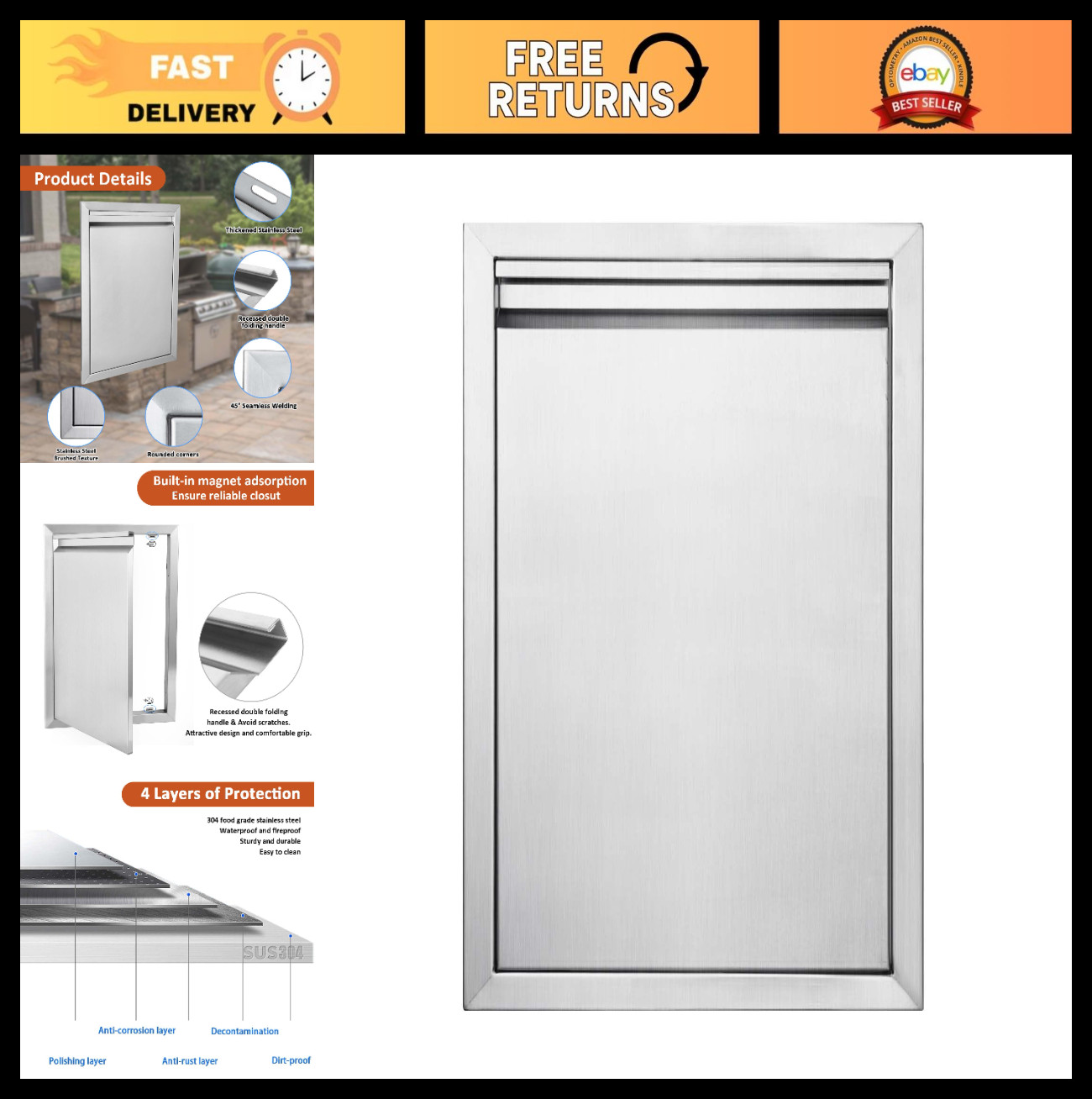 Outdoor Kitchen BBQ Access Door 17″ x 24″ – Stainless Steel Single Door for BBQ