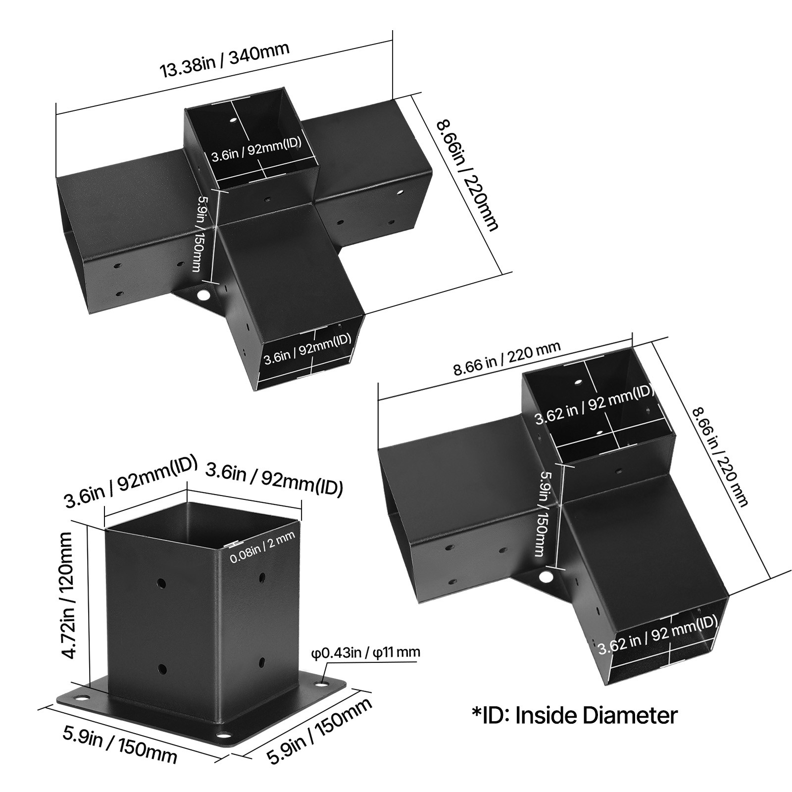 Uimoso 4×4 Pergola Bracket Kit 3.5×3.5 Inner, 3- & 4-Way Brackets with Bases