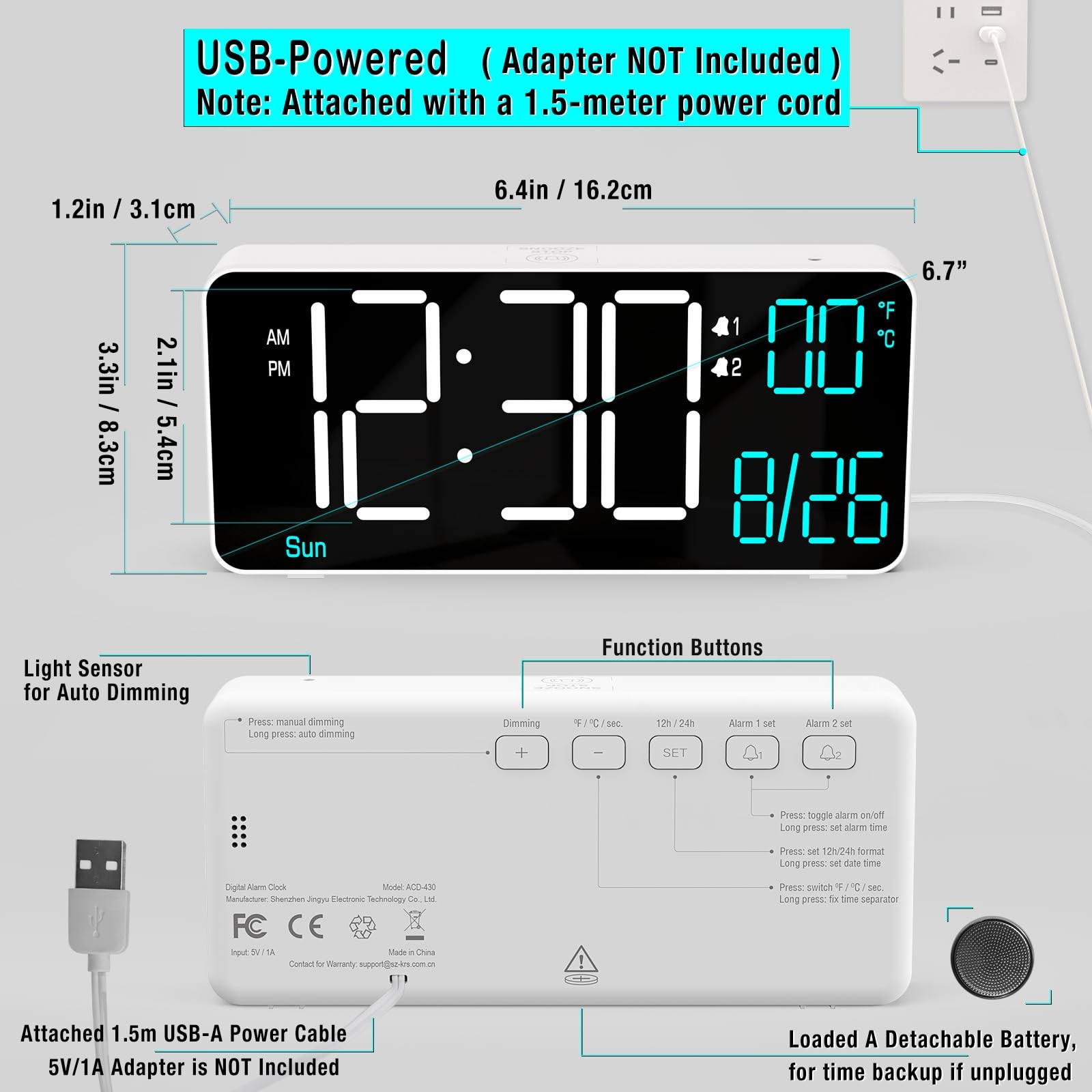 6.7 In Small Digital Alarm Clock Auto Dimming Date Temperature Desk White