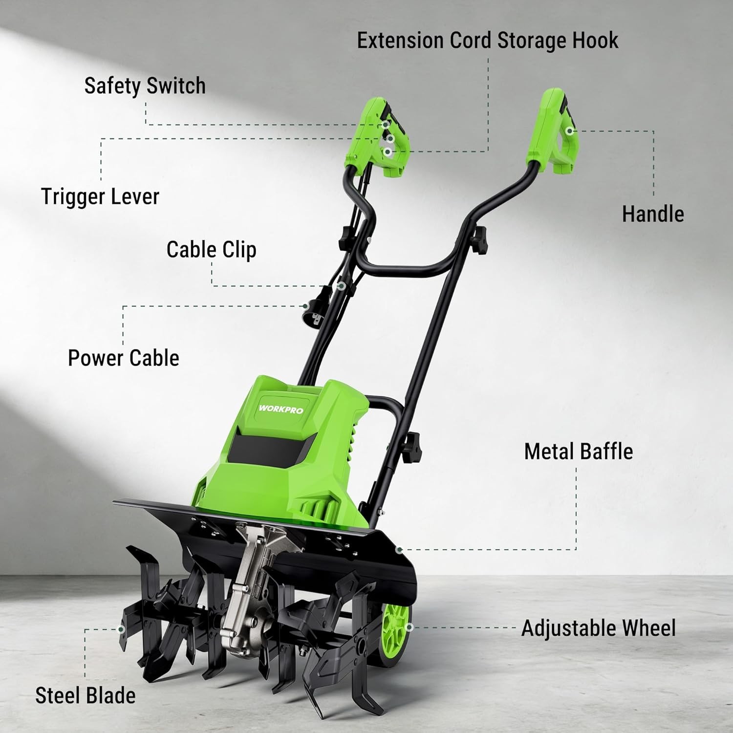 WORKPRO 1500W Electric Tiller 12.5A Corded Cultivator w/6 Steel Tines 16″Wx8.7″D