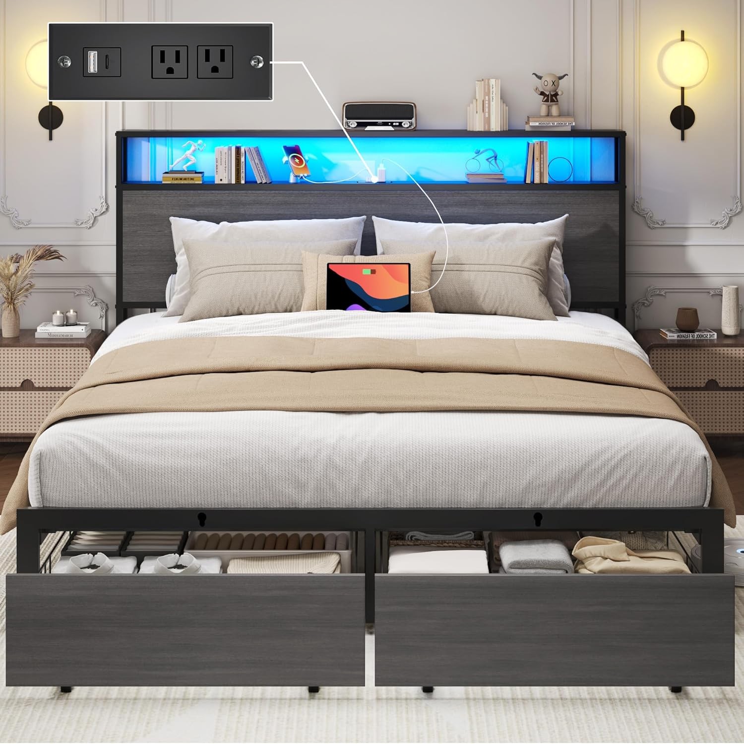 Queen Full Size Bed Frame with Storage Headboard &Charging Station＆ LED Lights