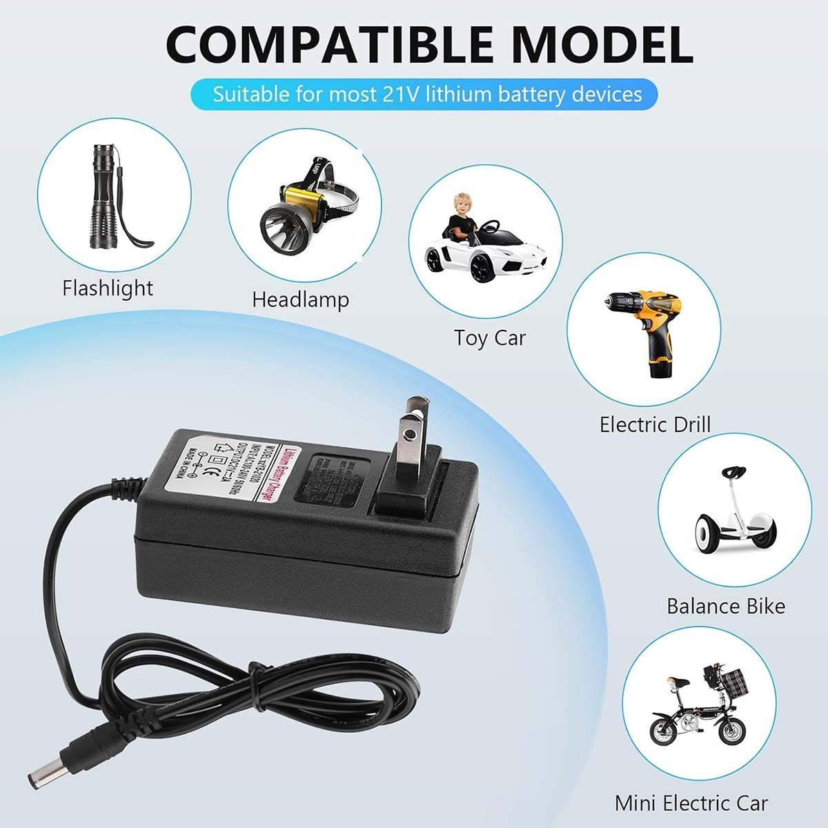21V 2A Lithium Battery Charger Adapter for Headlight, Toy Car, Electric Drills