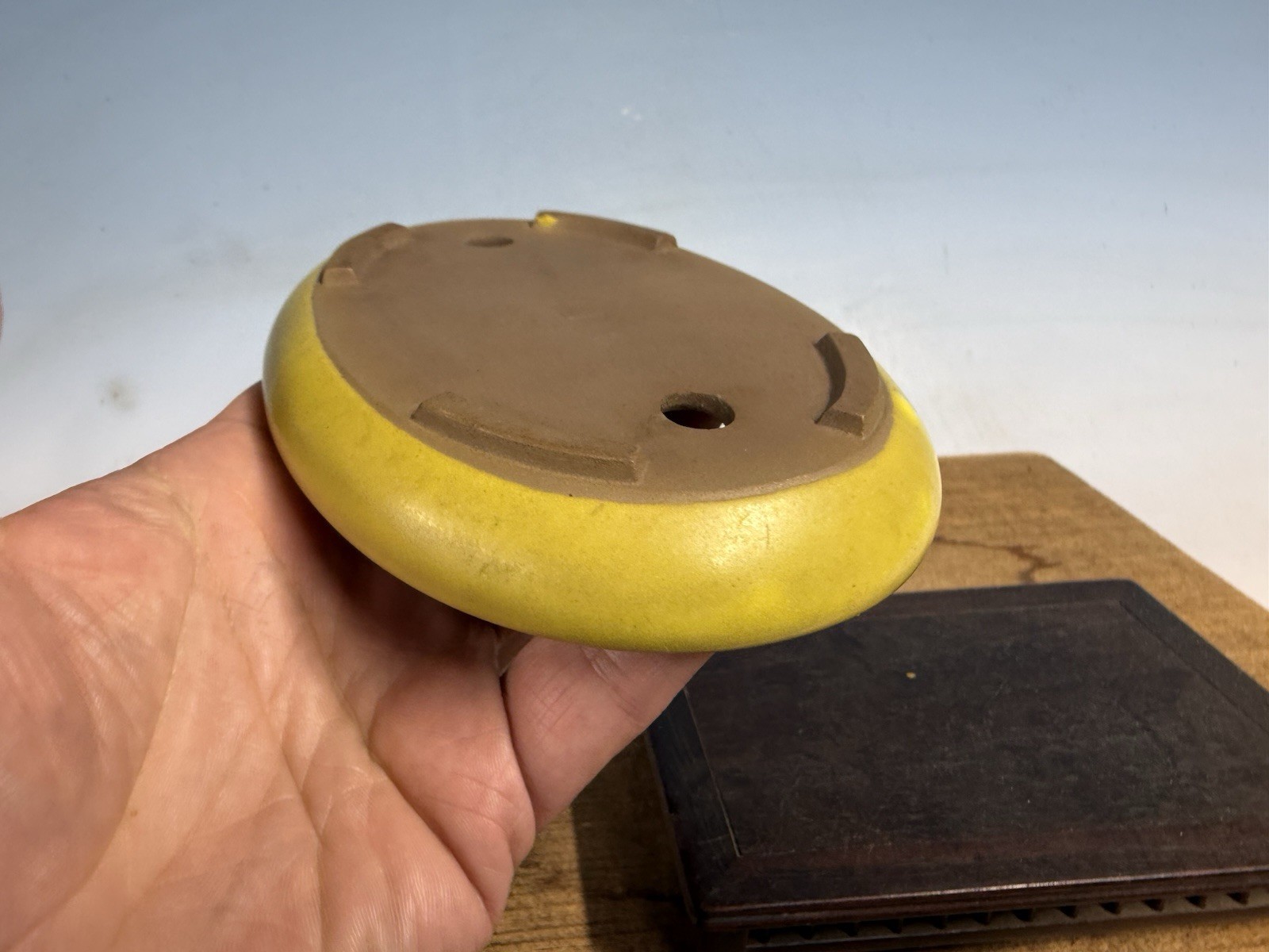 Japanese Unknown Maker Shohin Bonsai Tree Pot 6 1/8” Yellow Glaze