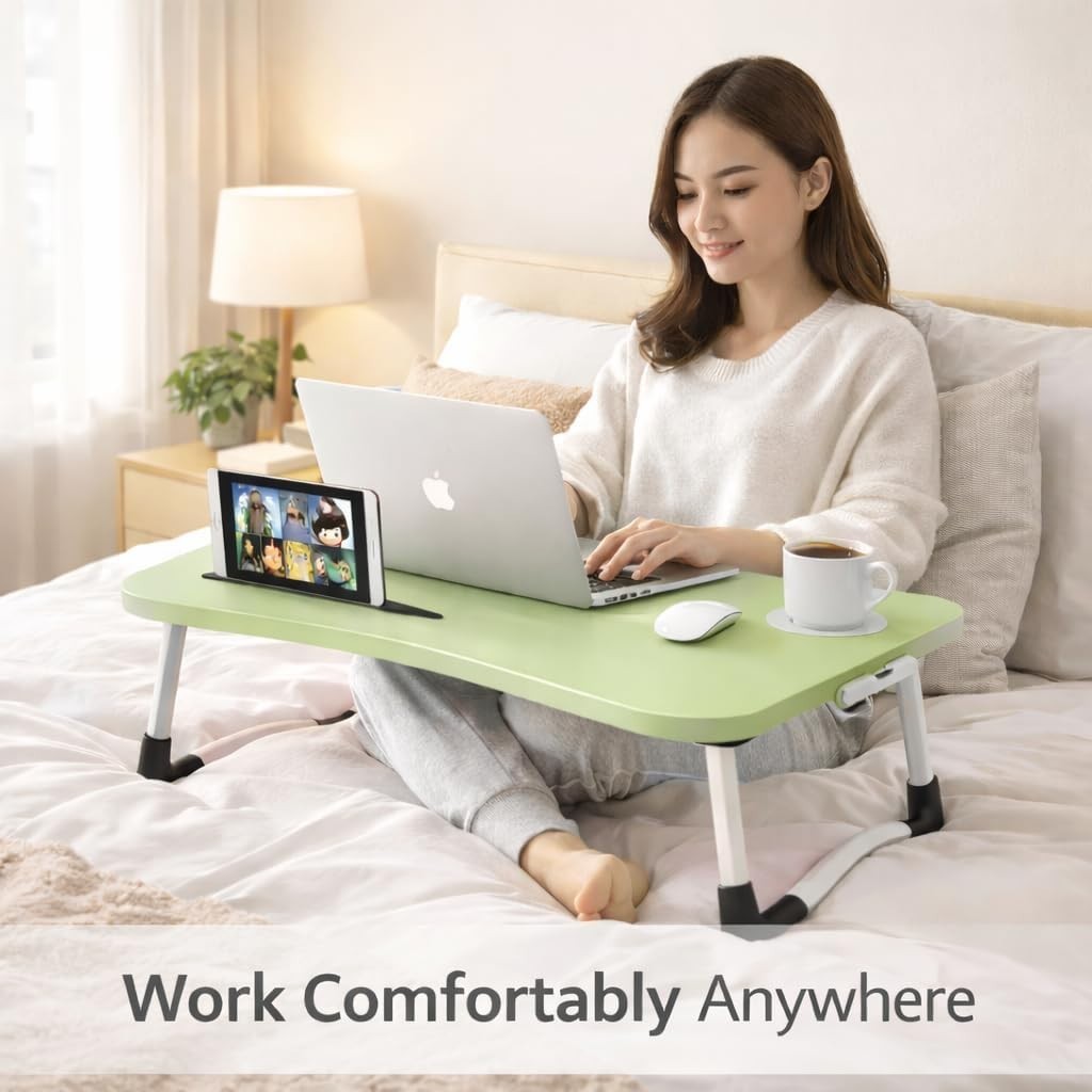 Foldable Laptop Table With Drawer – MDF Wood Desk With Cup Holder, Tablet Slot