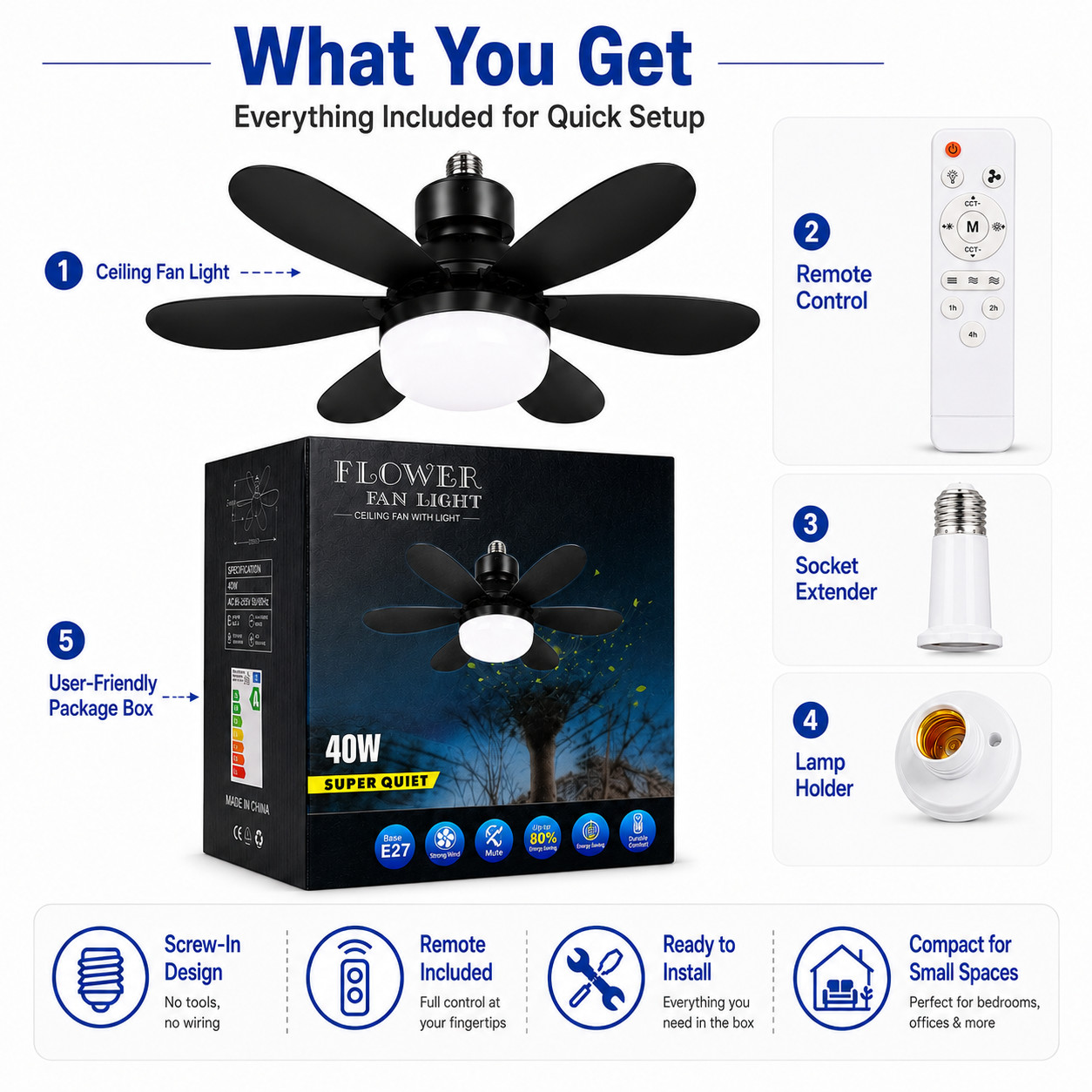 20 in Socket Ceiling Fan with Light Remote, E27 Screw In 40W Small Room Fan
