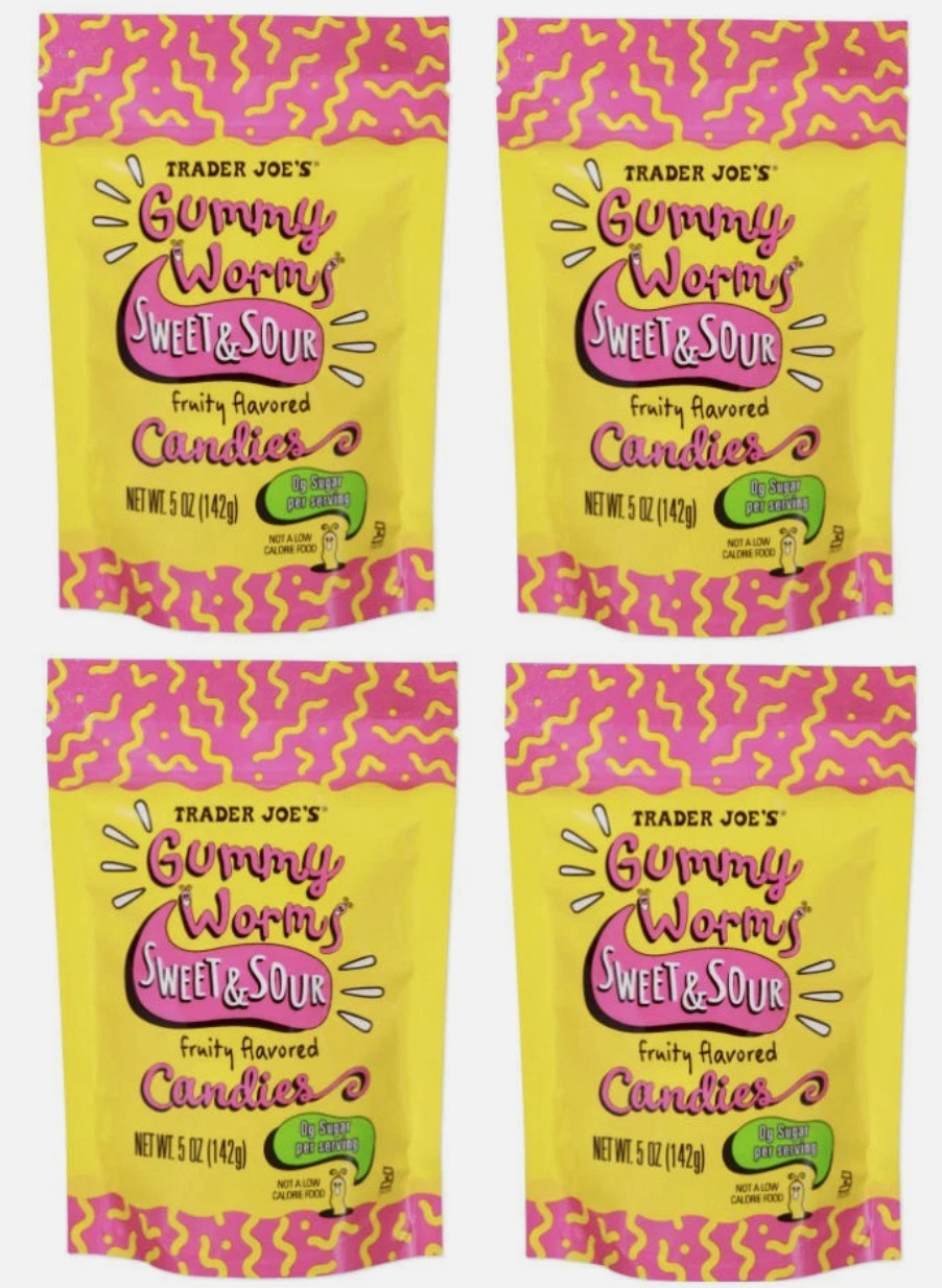 4 Pack Trader Joe’s Sweet & Sour Gummy Worms Candies 5 oz ea Gummies Zero Sugar