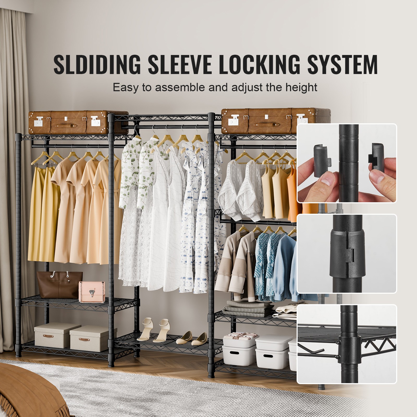 VEVOR Clothes Rack Rolling Clothing Garment Rack 4 Hang Rods & 8 Storage Tiers