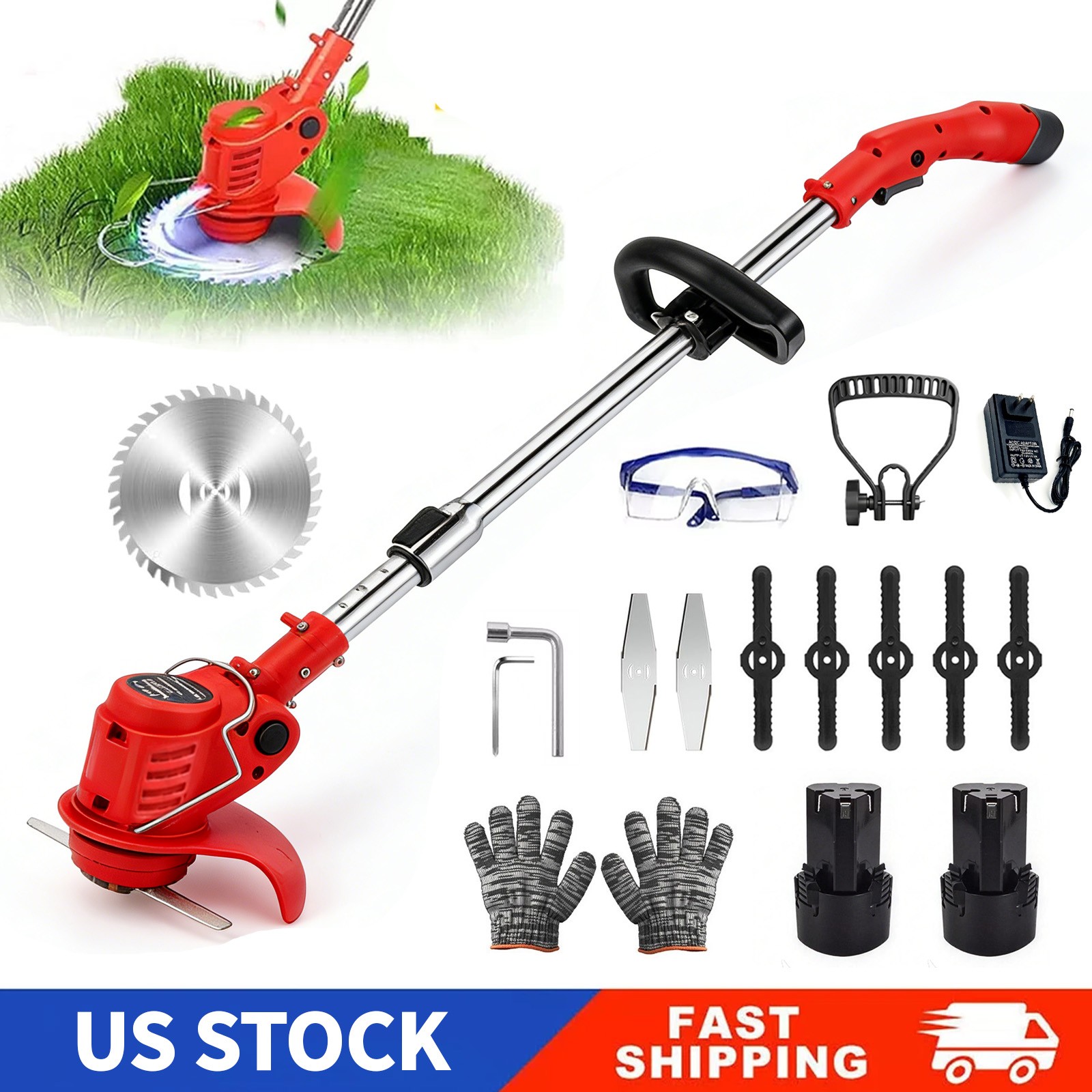 Electric Cordless Grass String Trimmer Lawn Edger Weed Wacker Cutter + 2 Battery