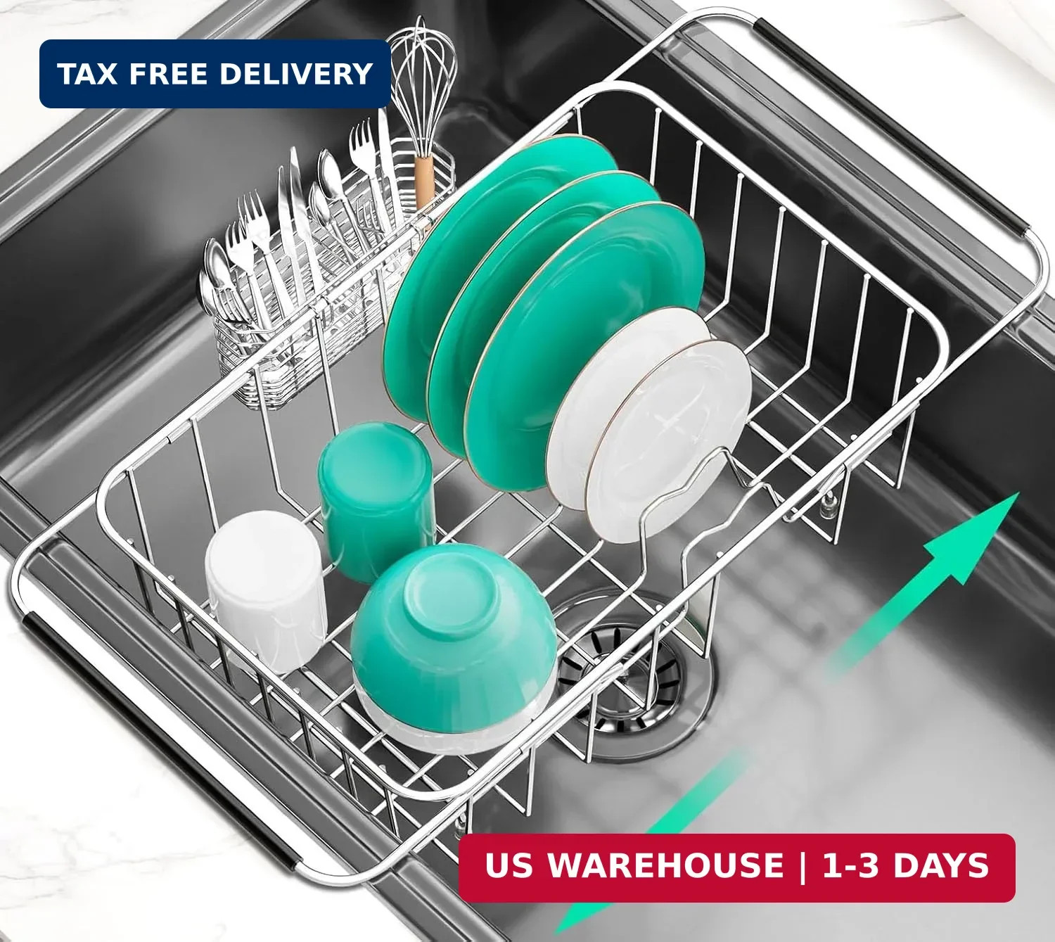 Dish Drainer Rack in Sink Adjustable, Expandable 304 Stainless Steel Metal Dish