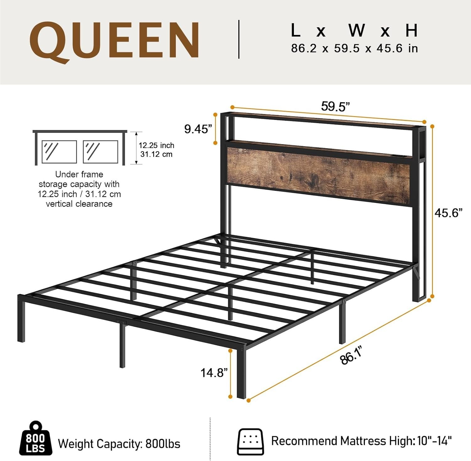 Queen Full Size Bed Frame with Storage Headboard &Charging Station＆ LED Lights