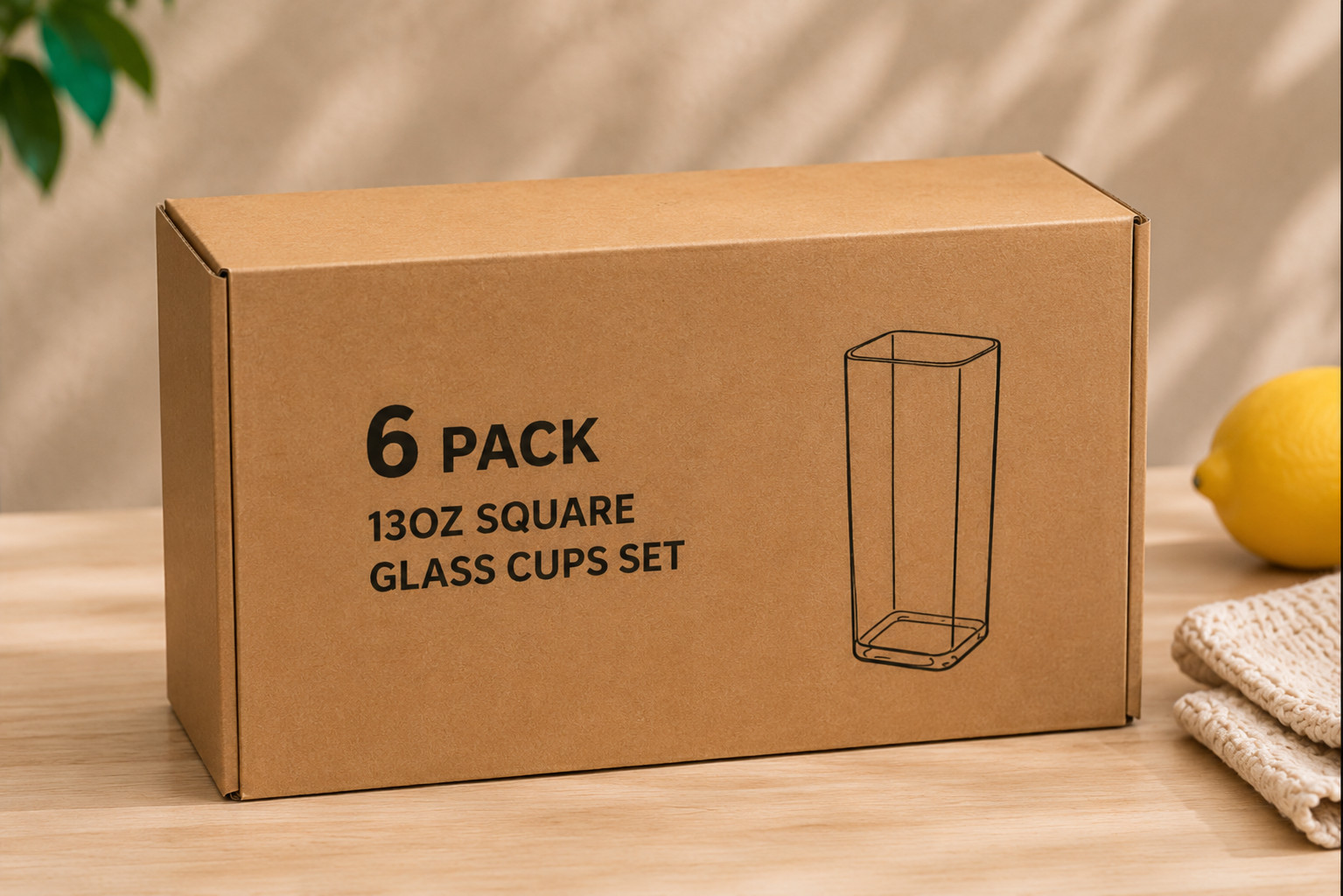 6 Pack 13oz Square Drinking Glasses with Lids and Bent Glass Straws, Reusable Gl