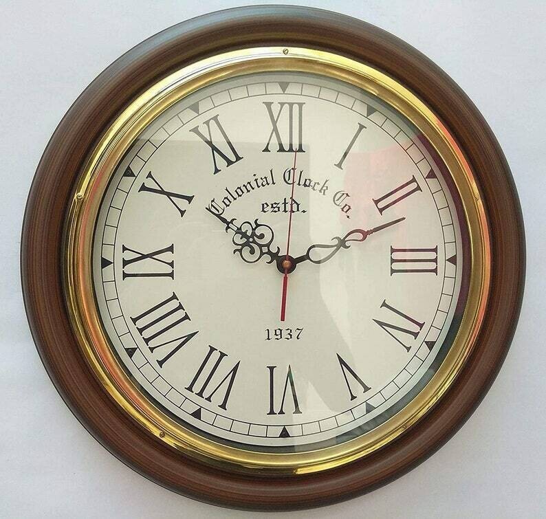 Antique Wooden 16 inch Finish Brass Wall Clock 1937 London home décor item