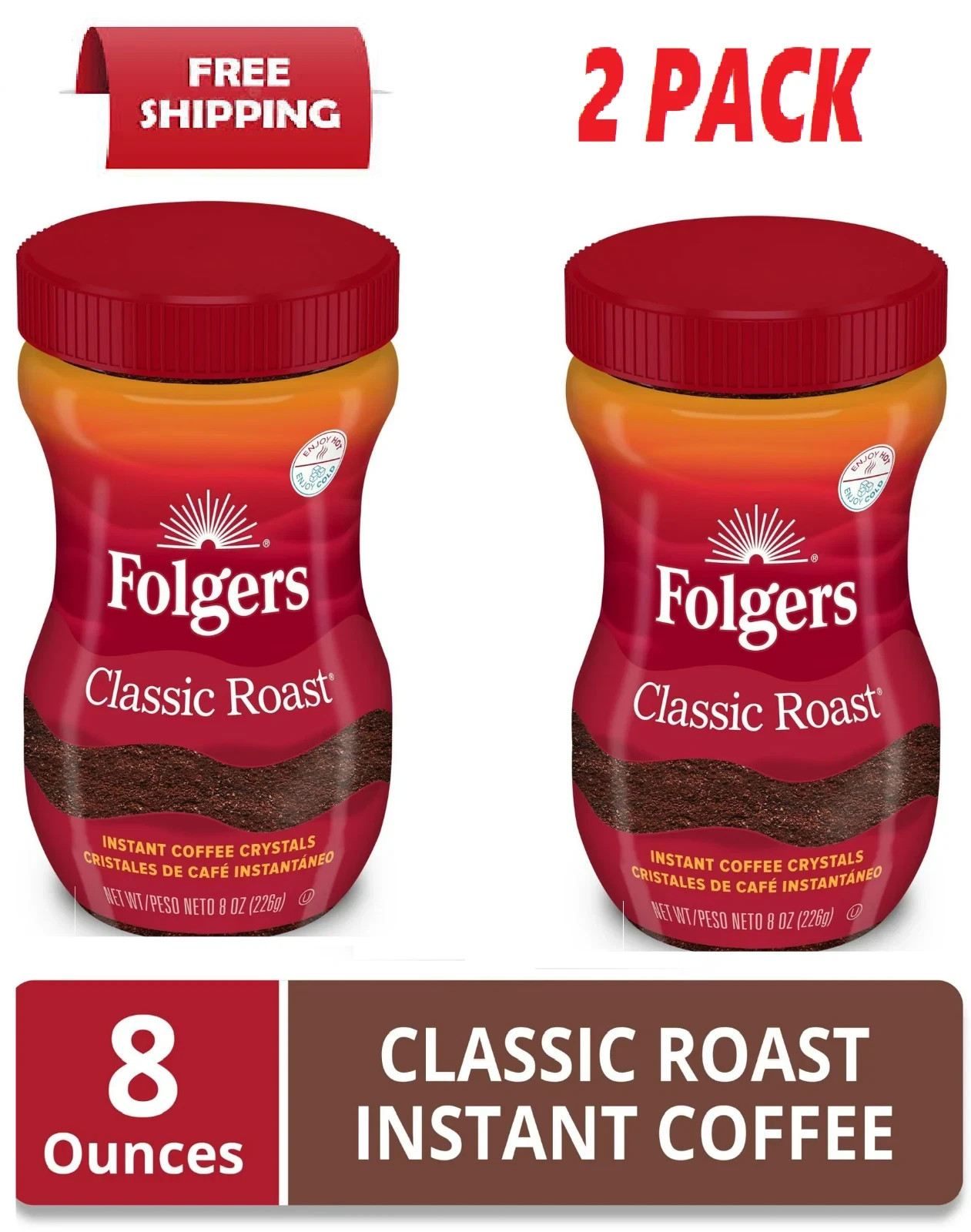 Folgers Classic Roast Instant Coffee, 8-Ounce Jar 2 Pack