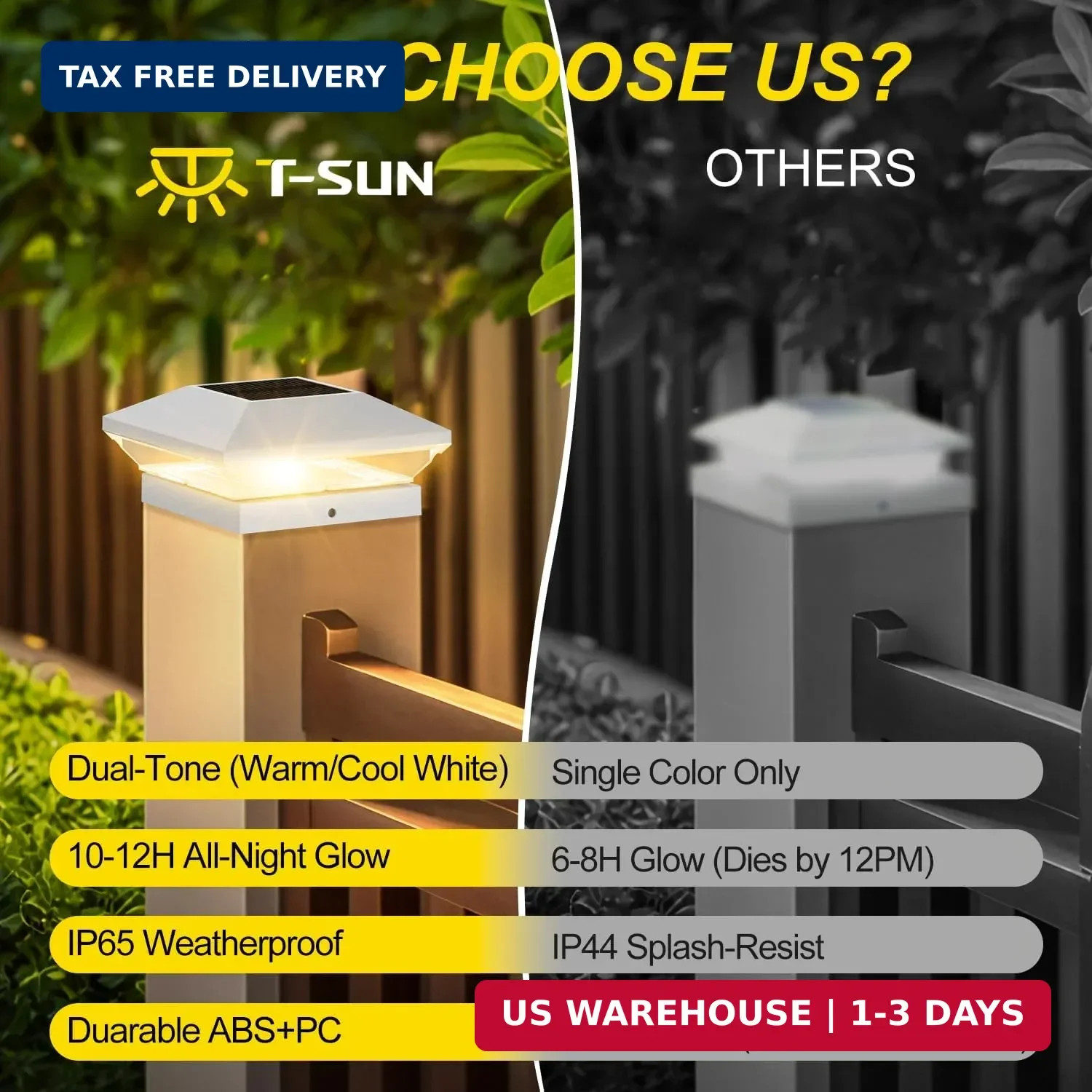 T-SUN Solar Post Cap Lights Outdoor 6 Pack, 2 Modes LED Fence Post Solar Lights