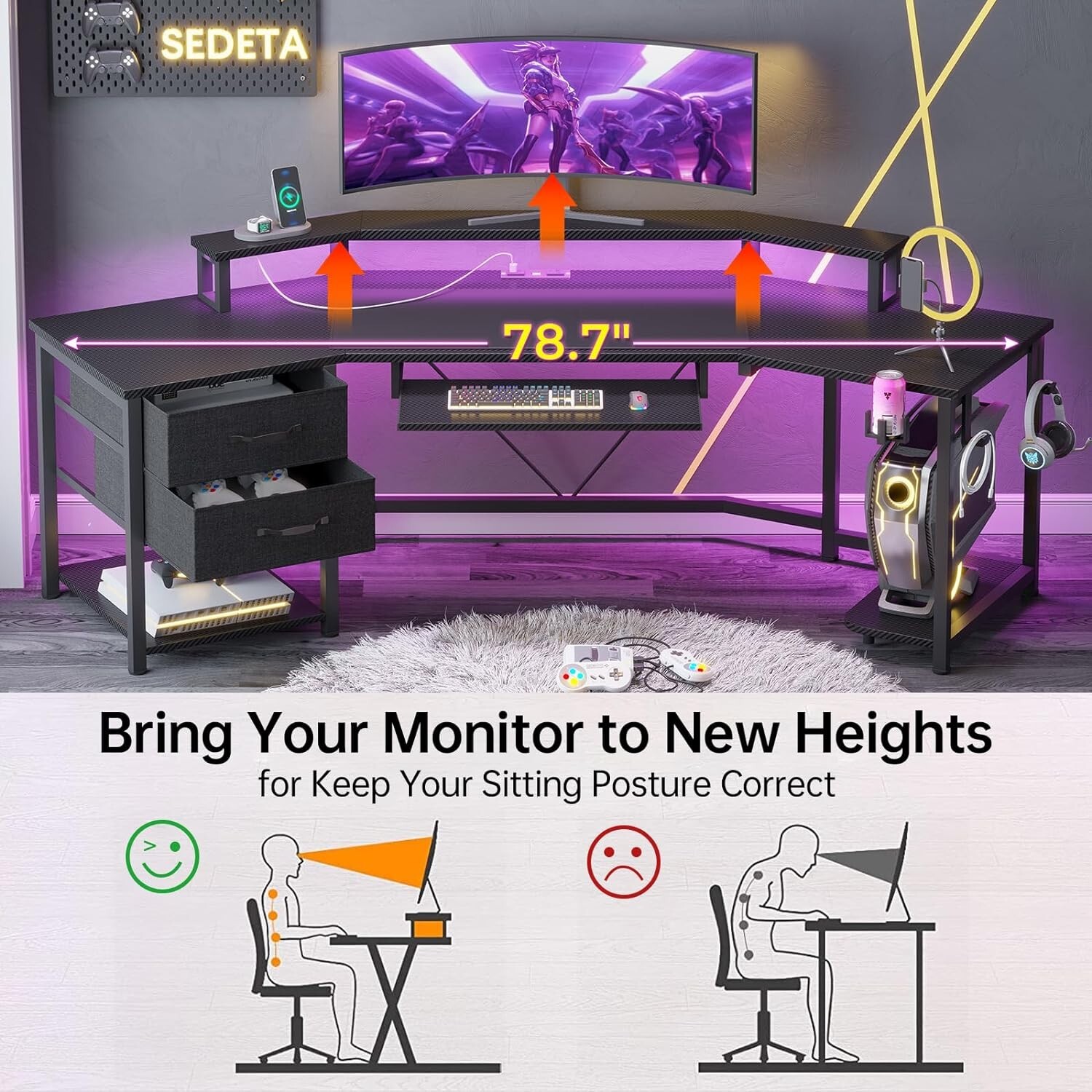 79″ L Shaped Gaming Desk w/Storage Shelf&LED Light Computer Desk for Home Office